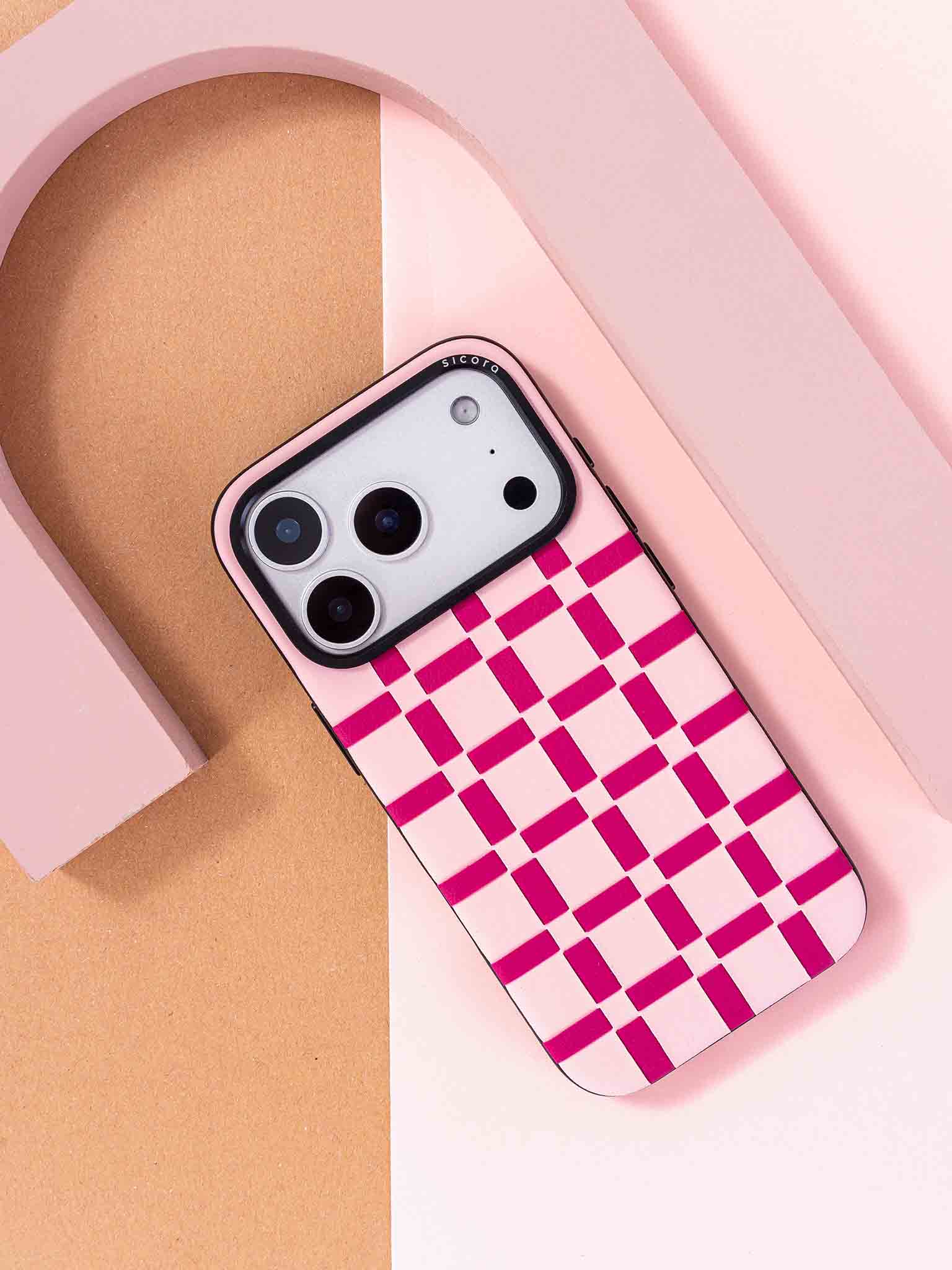 Sicora gridplay phone case with pink and magenta checkered pattern