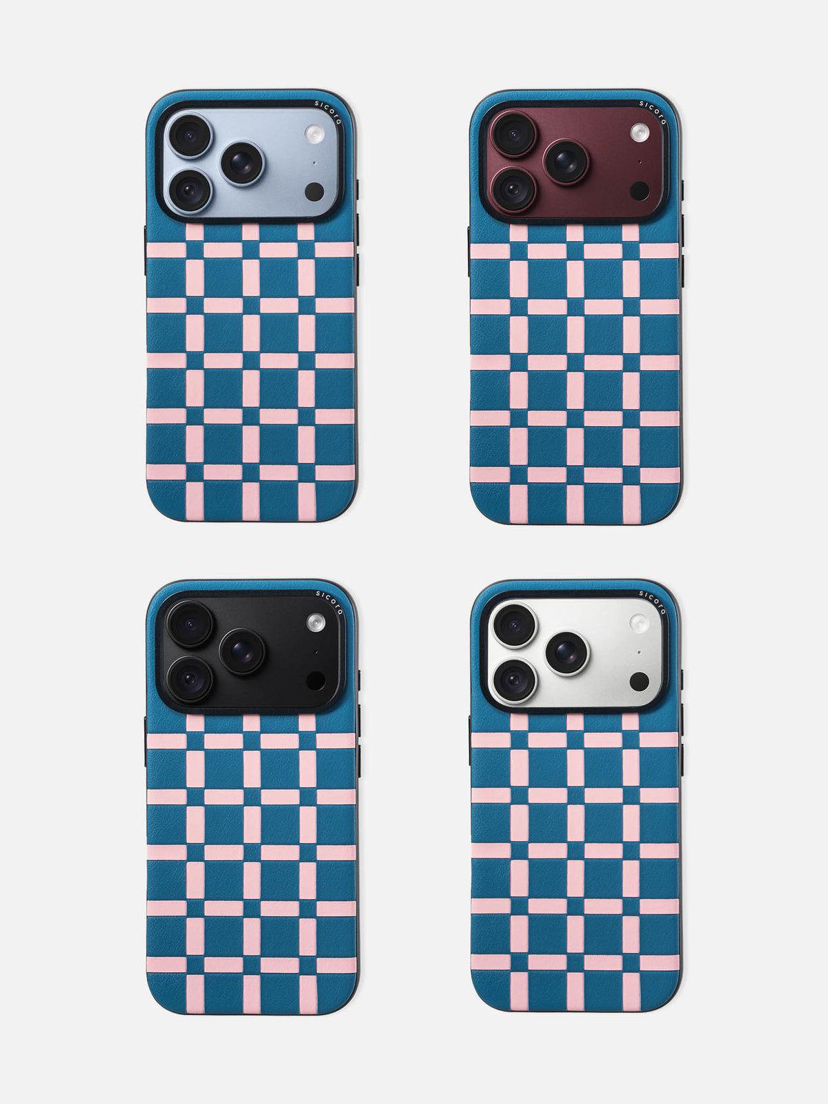 sicora iPhone 18 pro leather case, gridplay case, paired with blue, burgundy, black and silver color iPhone 18 pro