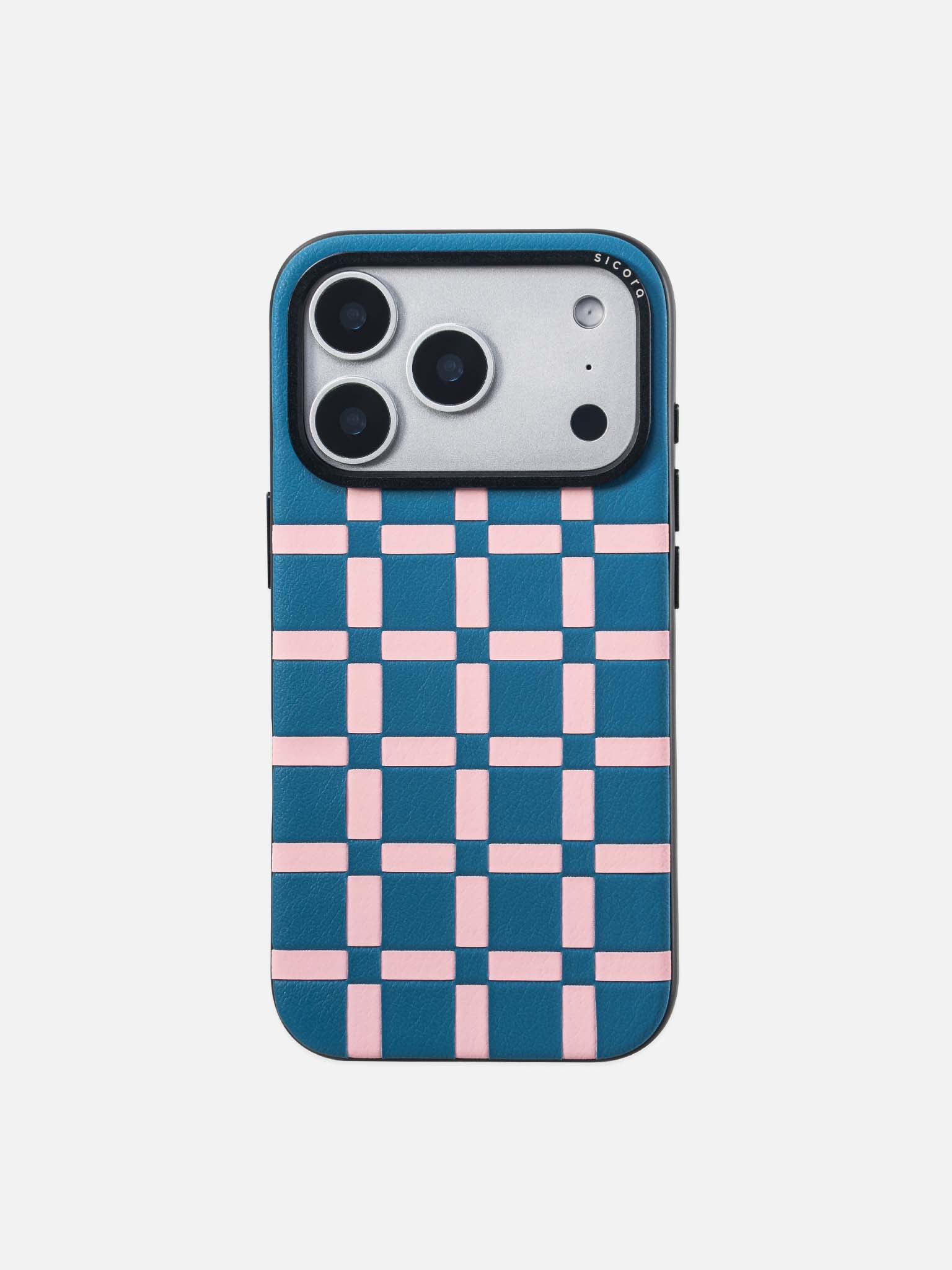 Sicora gridplay phone case with sea blue and pink checkered pattern