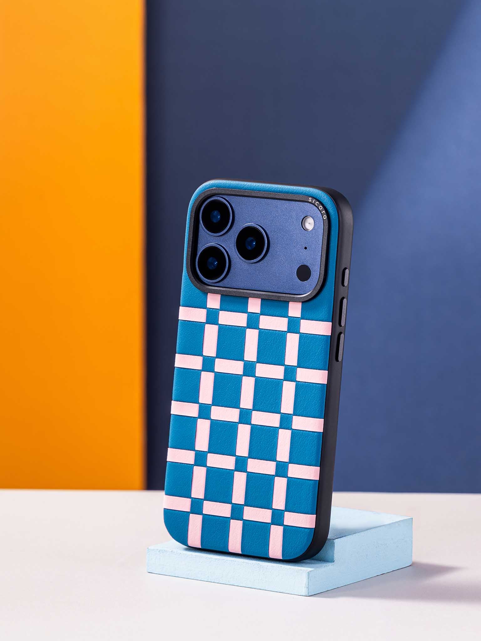 Sicora gridplay phone case with sea blue and pink checkered pattern
