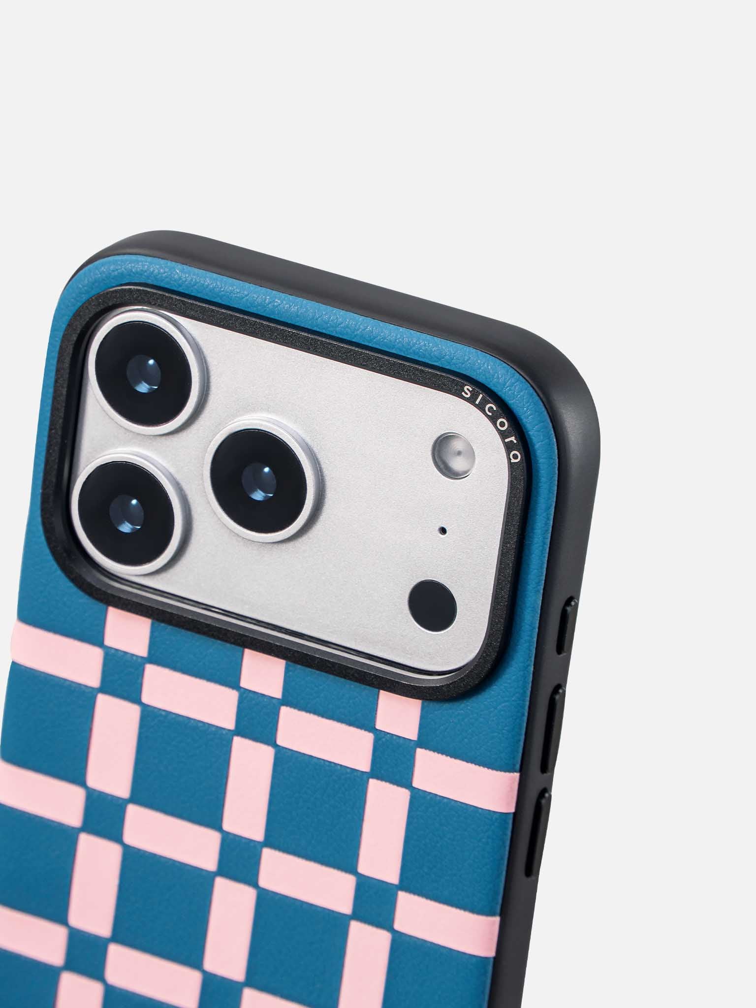 Sicora gridplay phone case with sea blue and pink checkered pattern