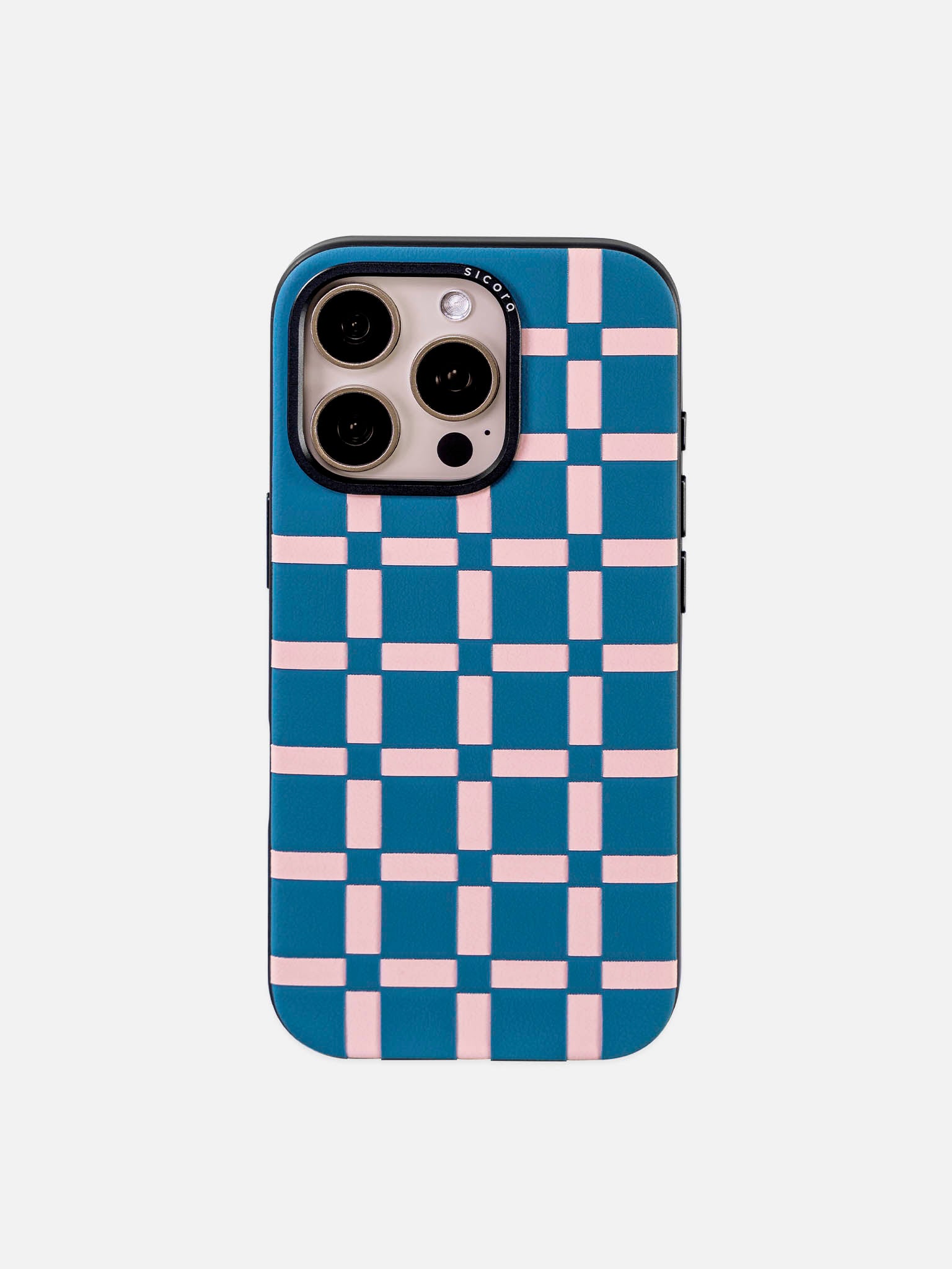 sicora blue and pink handwoven gridplay iphone case 16 pro