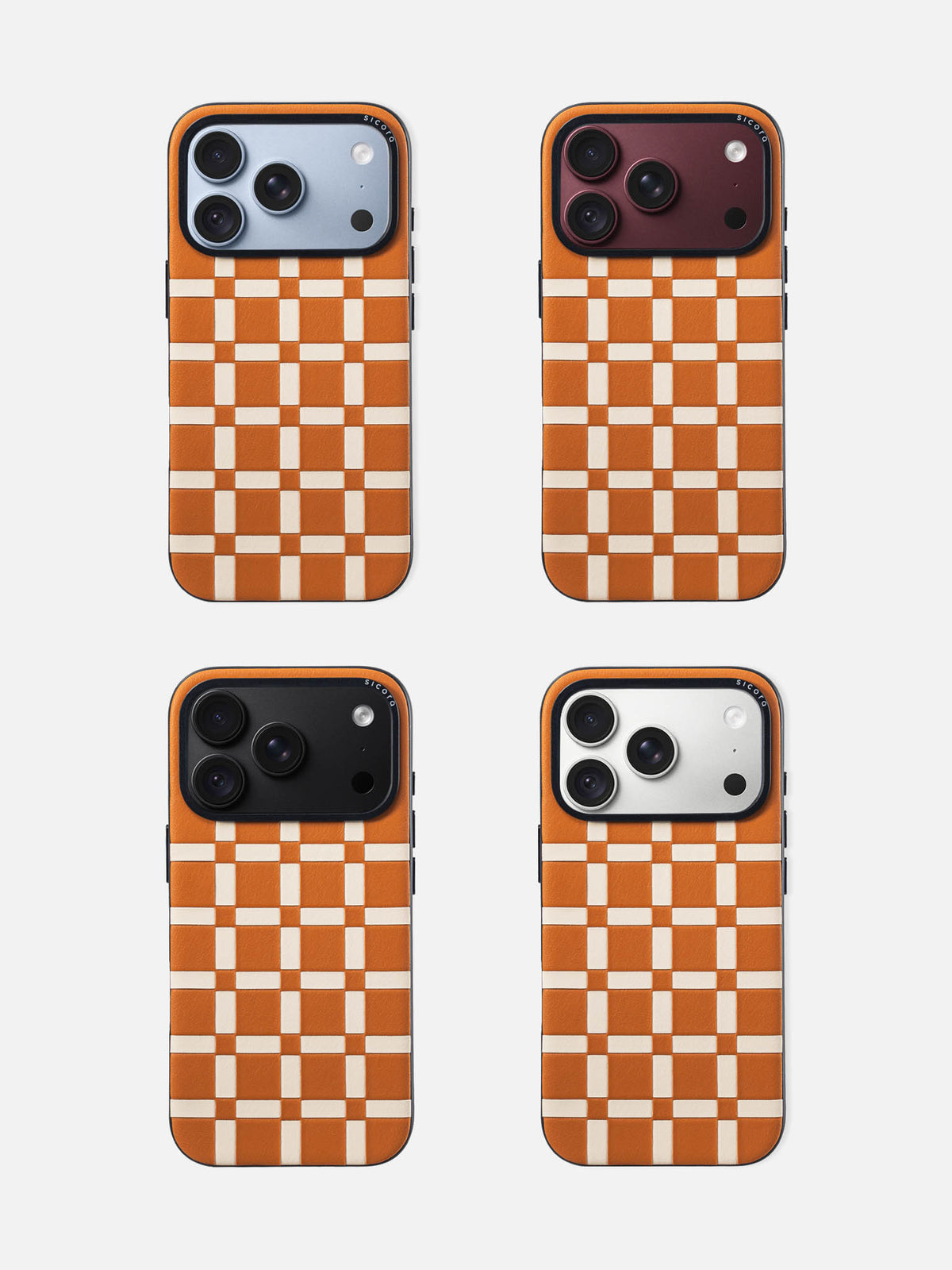 sicora iPhone 18 pro leather case, gridplay case, paired with blue, burgundy, black and silver color iPhone 18 pro