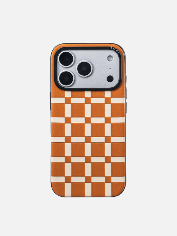 Sicora gridplay phone case with toffee gold and cream white checkered pattern