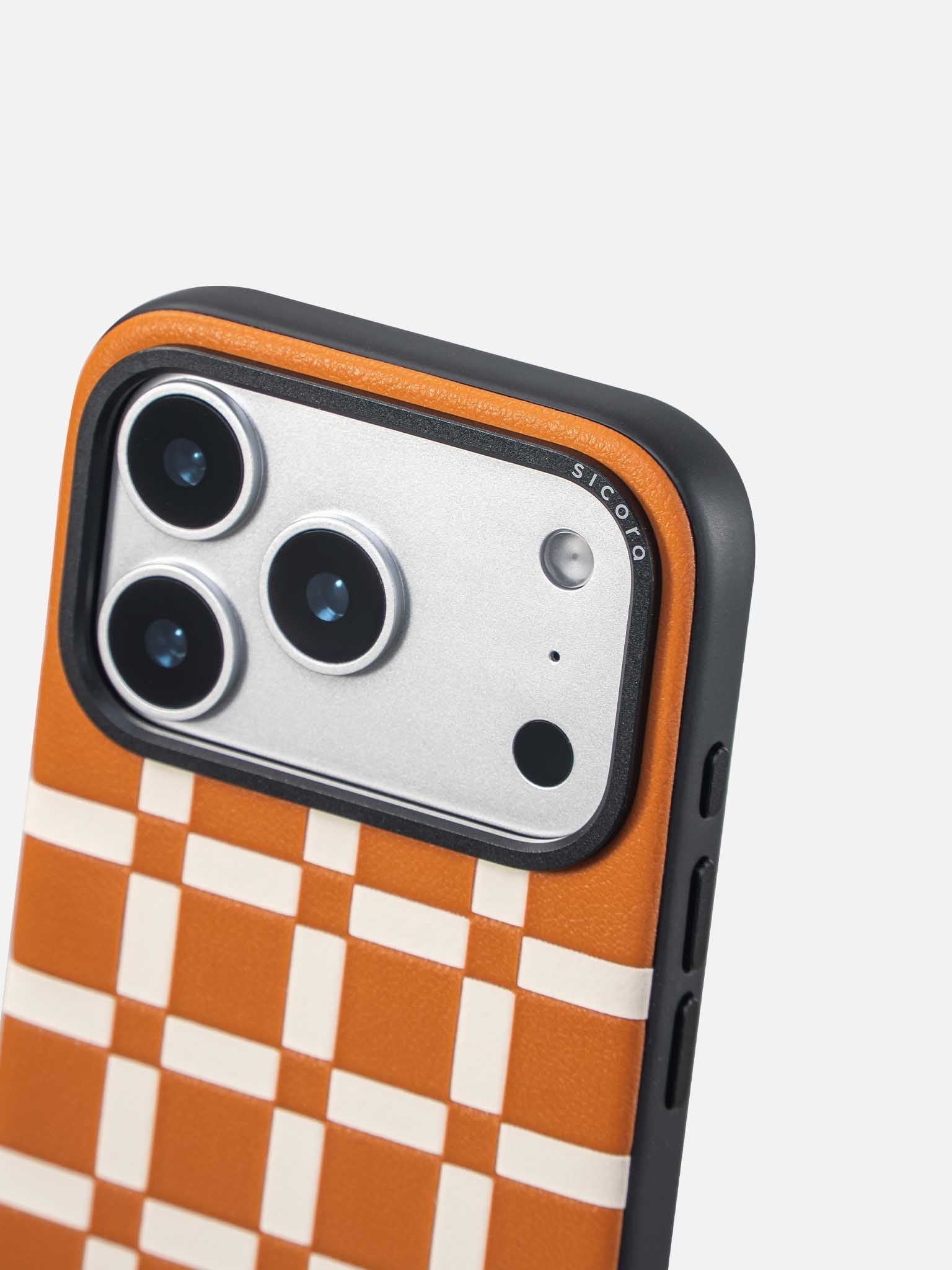 Sicora gridplay phone case with toffee gold and cream white checkered pattern