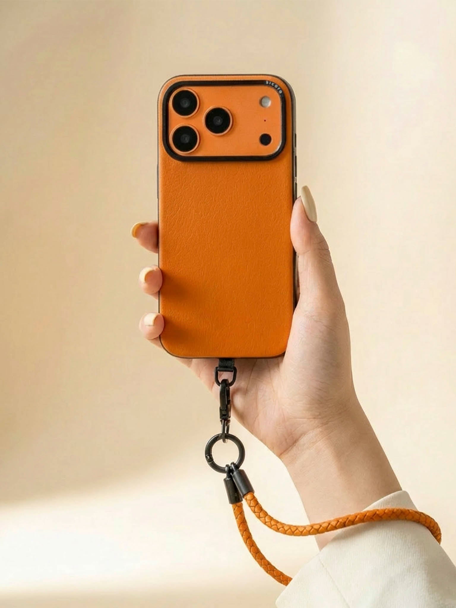 Hand holding a sicora moodblock phone case with lanyard against a beige background