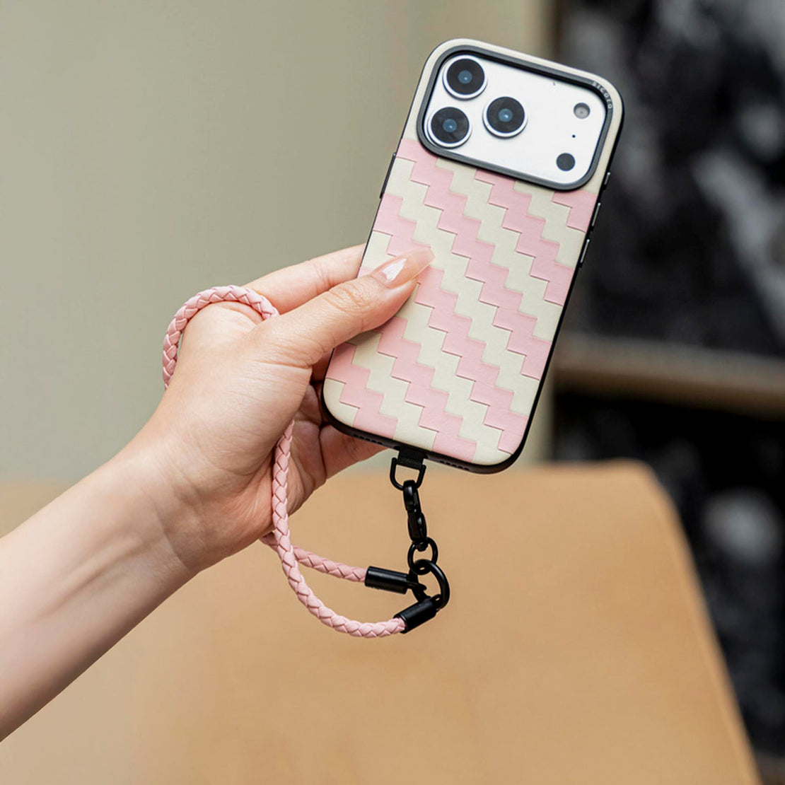 pink sicora braided leather lanyard with phone case