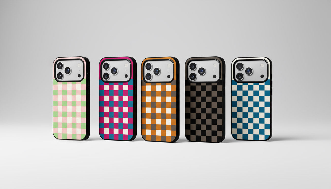 Product photography of five checkerboard iphone cases in a range of vibrant colors on a gray background