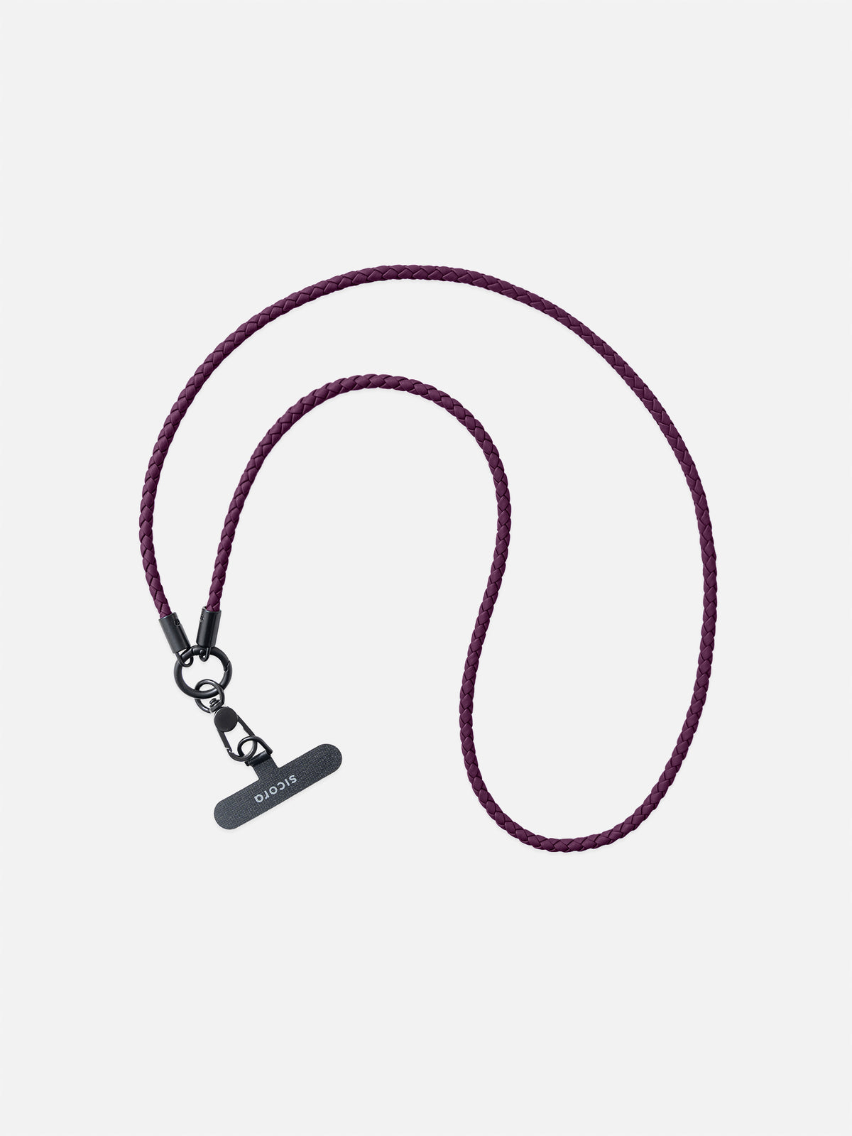sicora dark cherry purple braided leather cord / loop phone lanyard with a black metal swivel clasp and a T-bar phone tether tab.