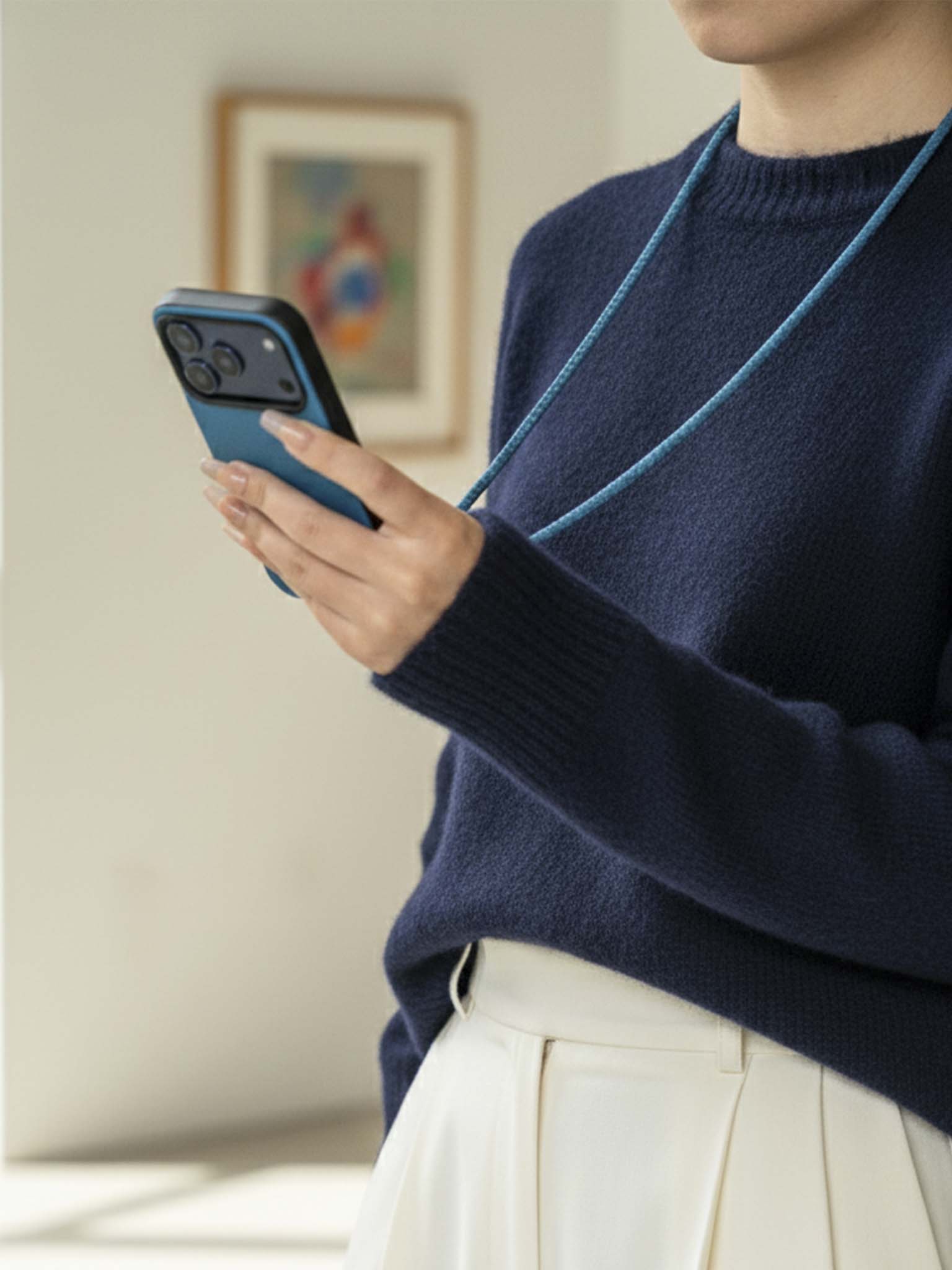 sicora loop braided leather lanyard in sea blue