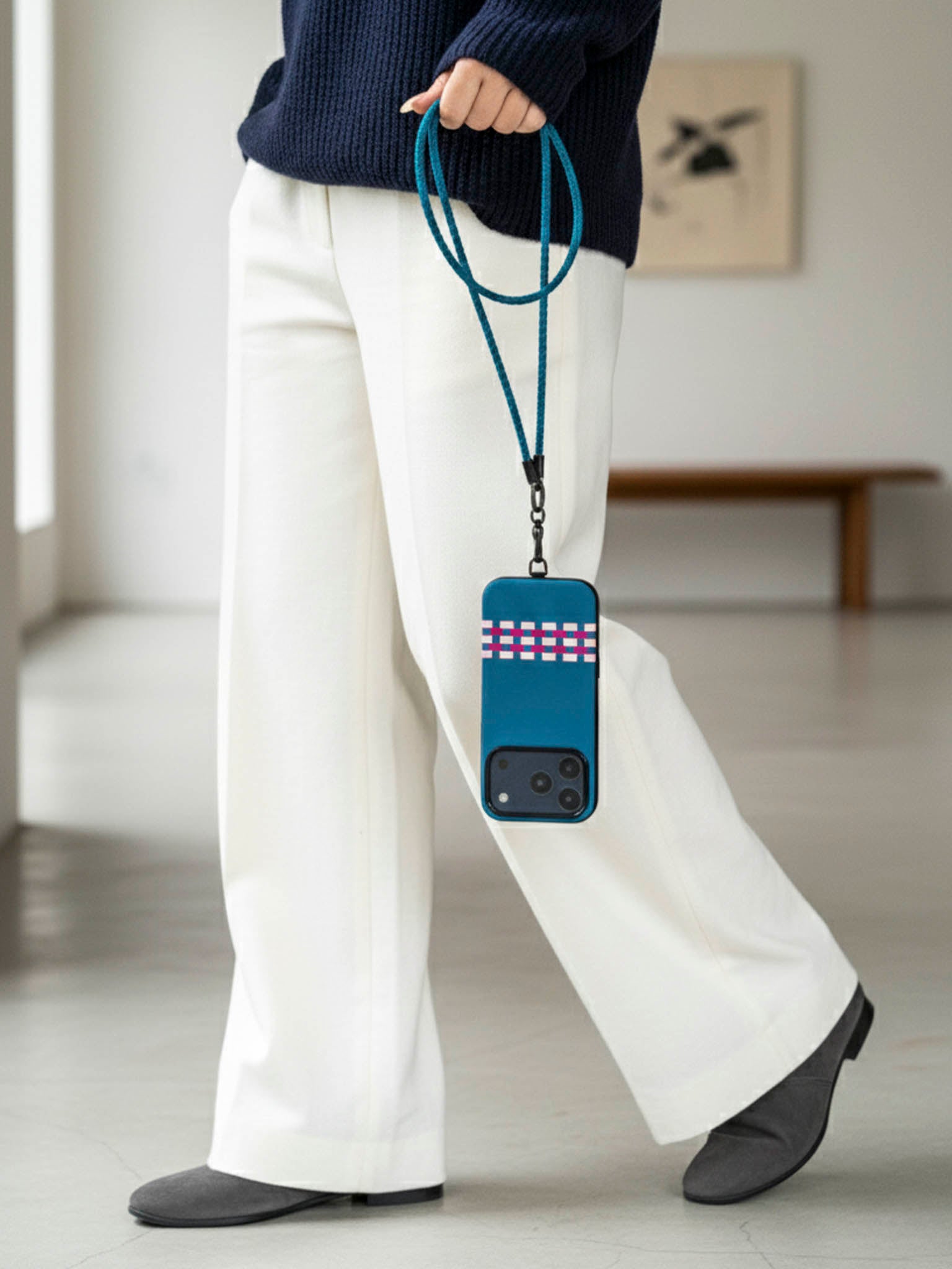 sicora loop braided leather lanyard in sea blue