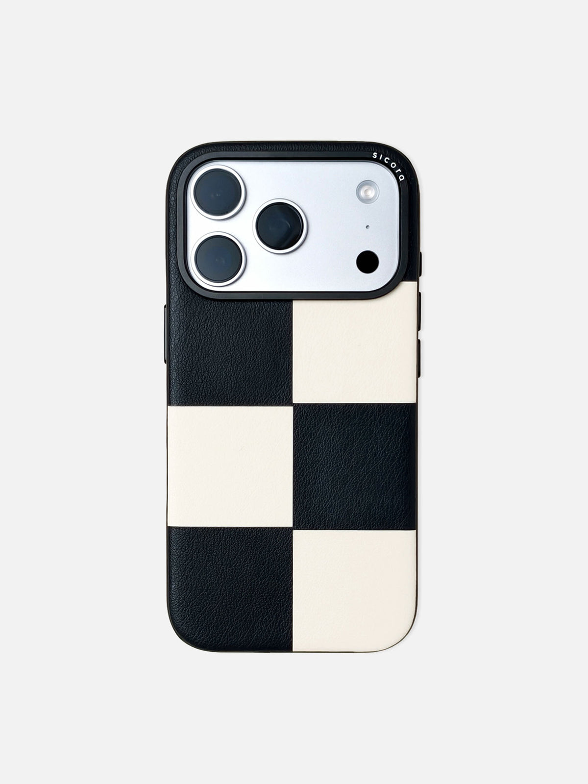 sicora iPhone 18 pro / iPhone 17 pro vegan leather phone case, macro case featuring a black and cream checkered leather marquetry pattern