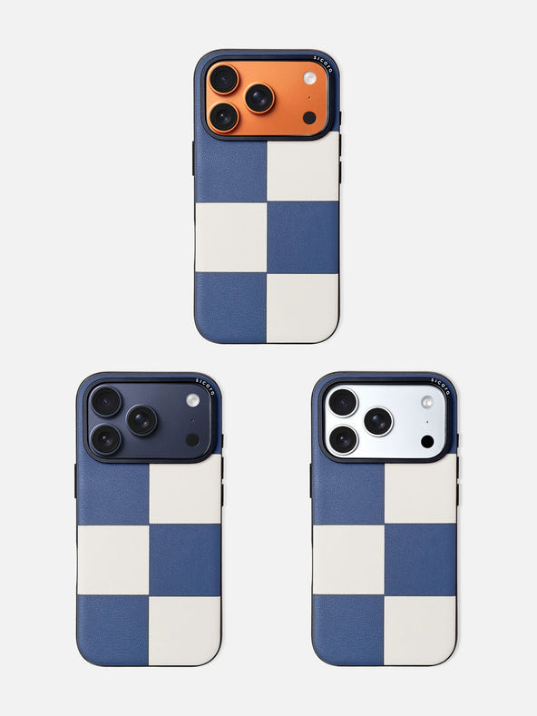 sicora iPhone 17 pro leather case, macro case, paired with orange, navy and silver color iPhone 17 pro