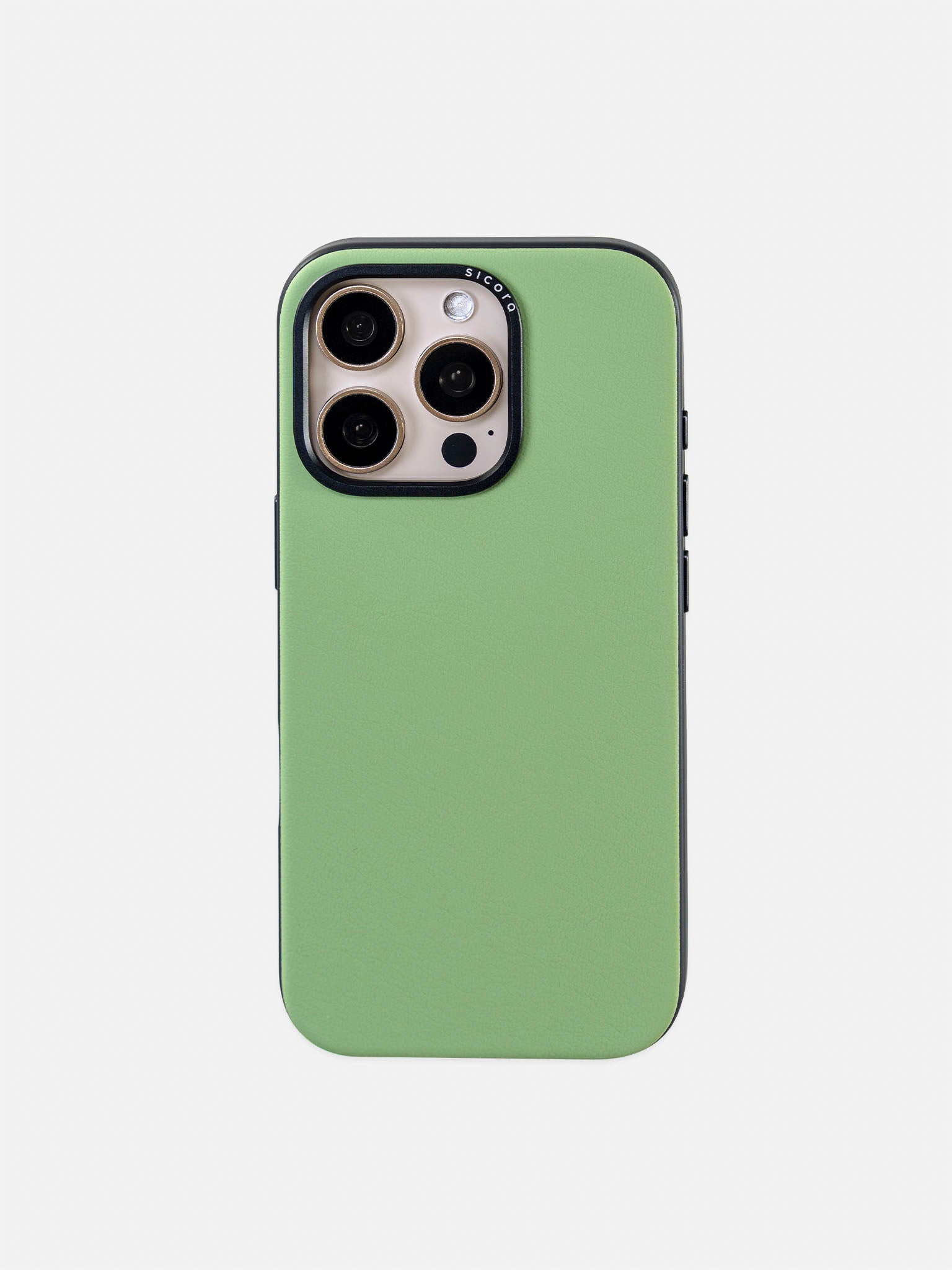 A green sicora handmade vegan leather iPhone case 16 pro