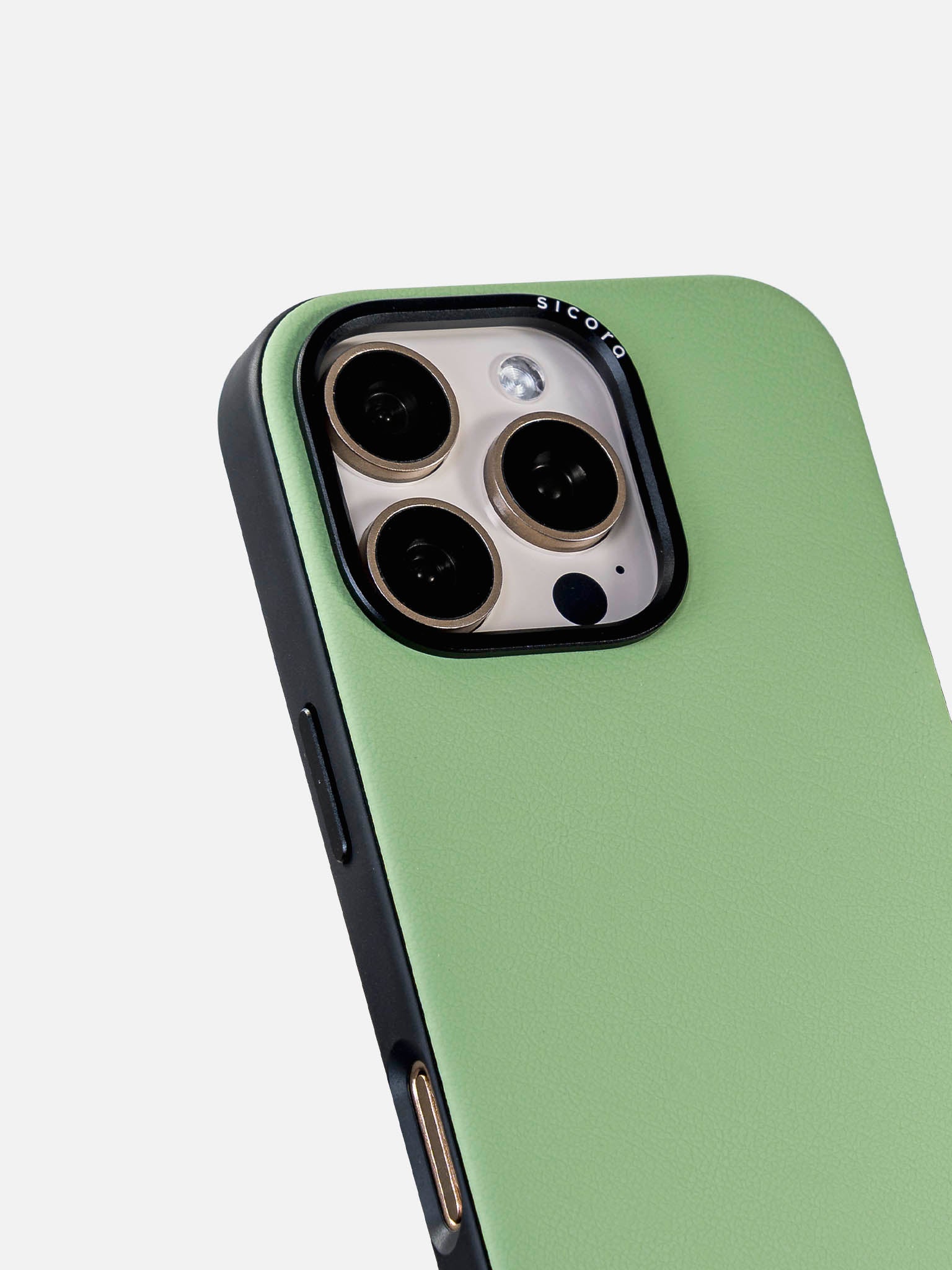 A green sicora handmade vegan leather iPhone case