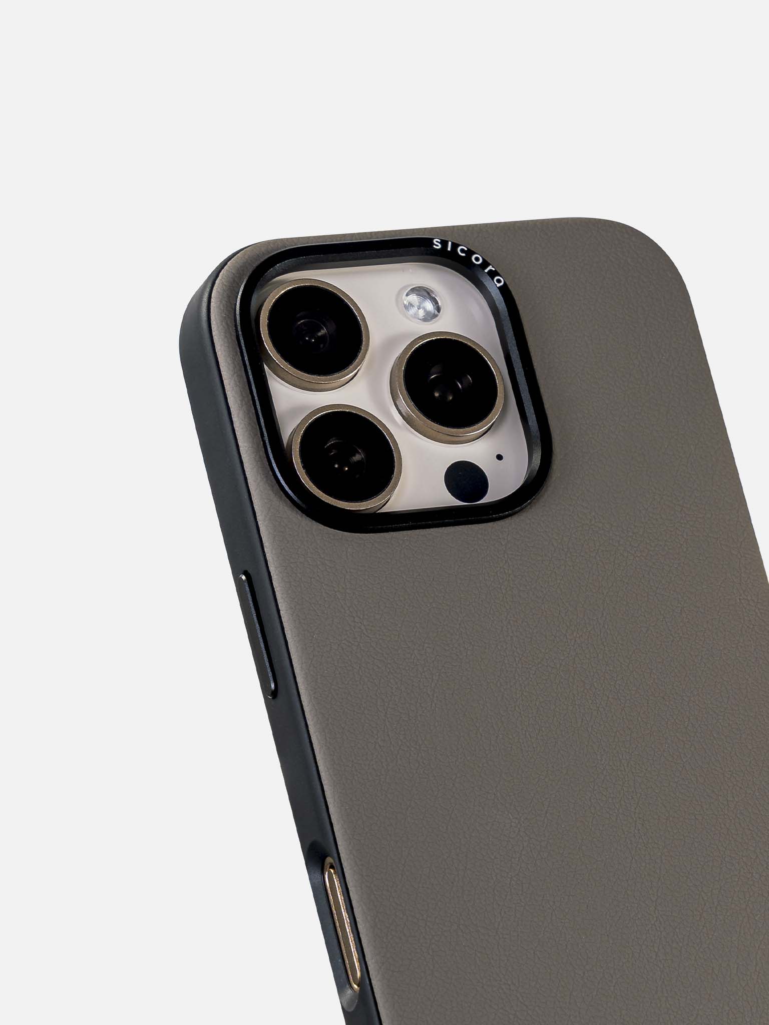 A gray sicora handmade vegan leather iPhone case