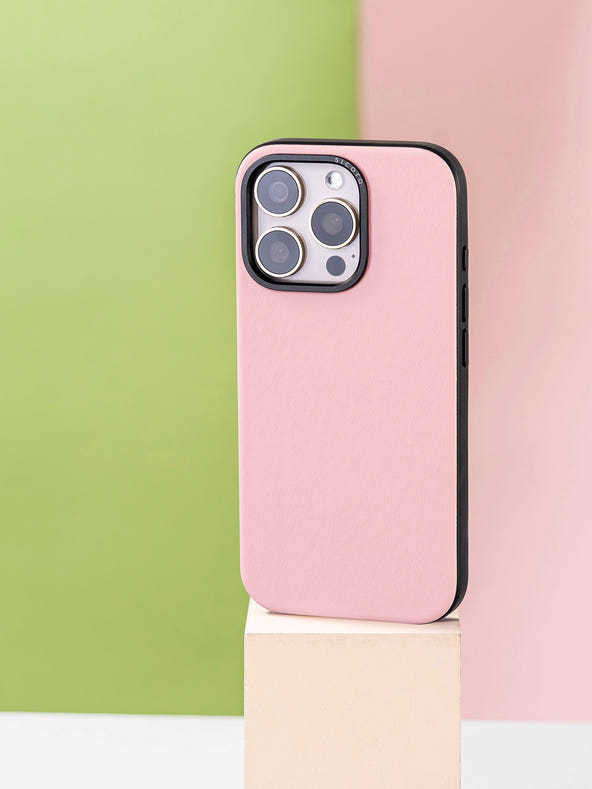 A pink sicora handmade vegan leather iPhone case