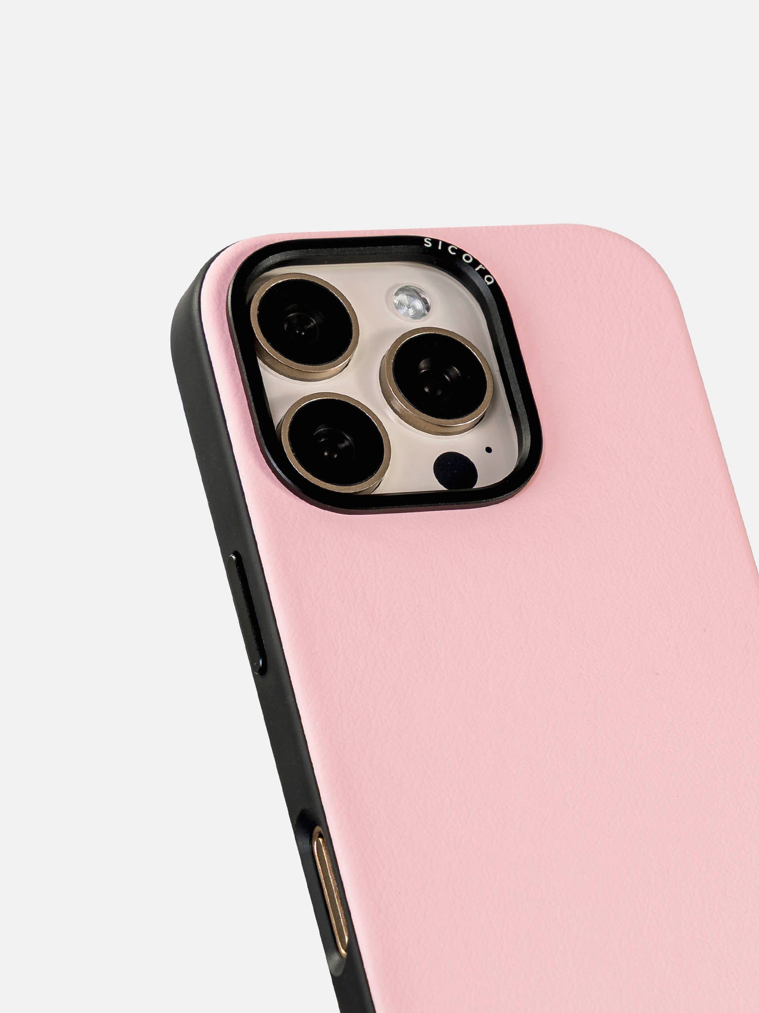 A pink sicora handmade vegan leather iPhone case