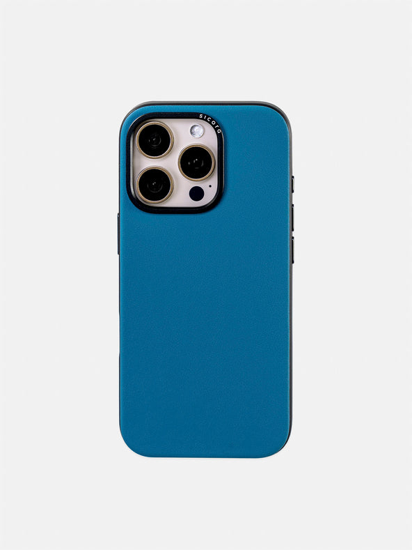 A blue sicora handmade vegan leather iPhone case 16 pro