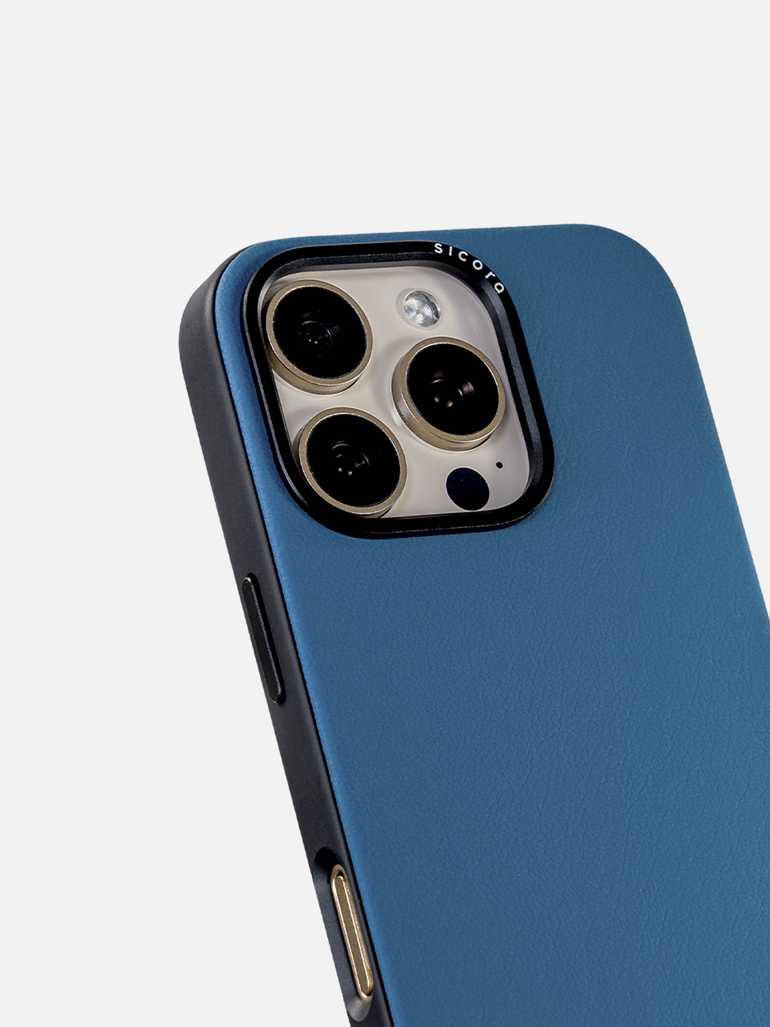 A blue sicora handmade vegan leather iPhone case