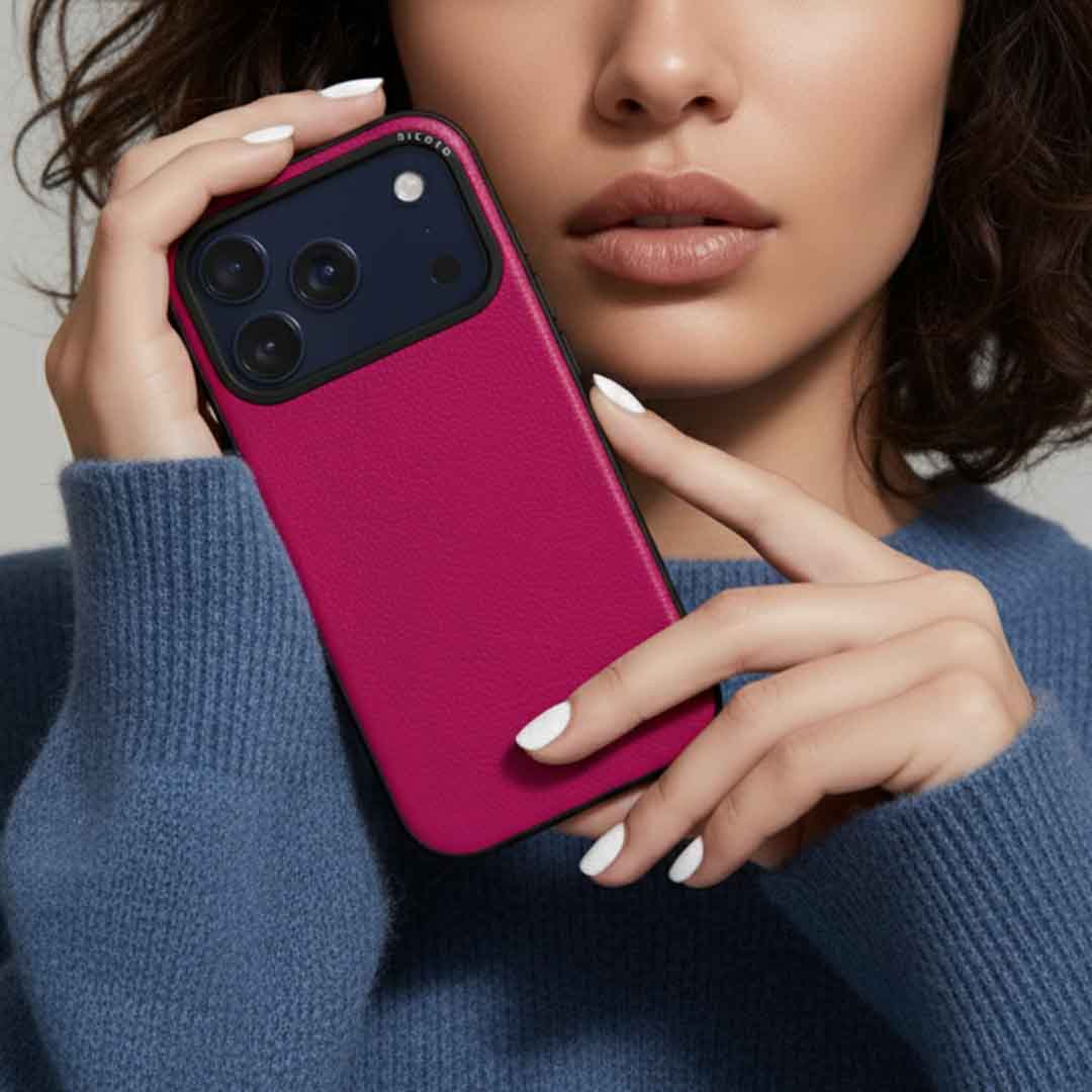 A woman holding a sicora moodblock iPhone case in magenta solid colored silio silicone vegan leather 