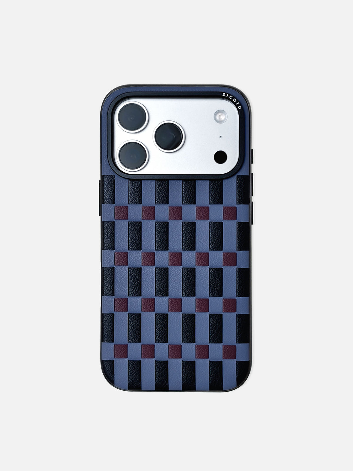 sicora iPhone 18 pro / iPhone 17 pro vegan leather phone case, pixel case featuring a hand-woven pattern in shadow blue, black and dark purple.