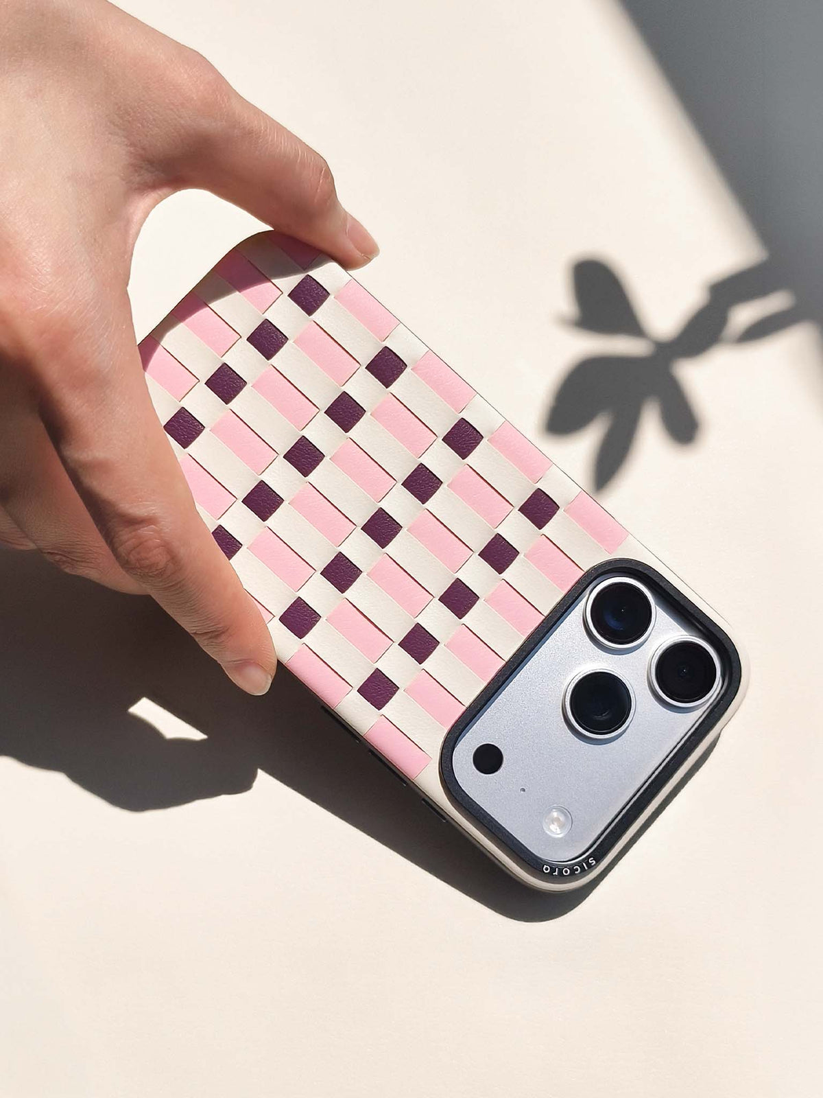Product video showcasing sicora iPhone 18 pro vegan leather case, pixel case in cream, pink and cherry