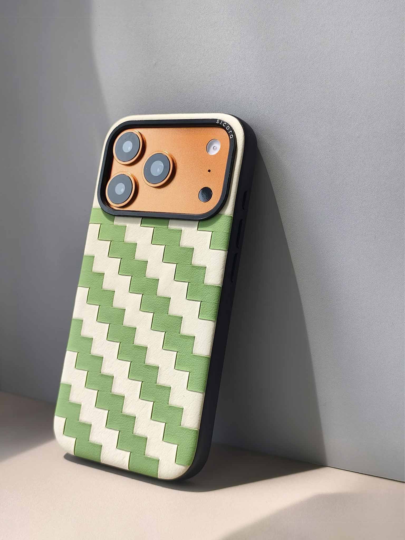 sicora  iPhone 17 pro case with green and white zigzag pattern