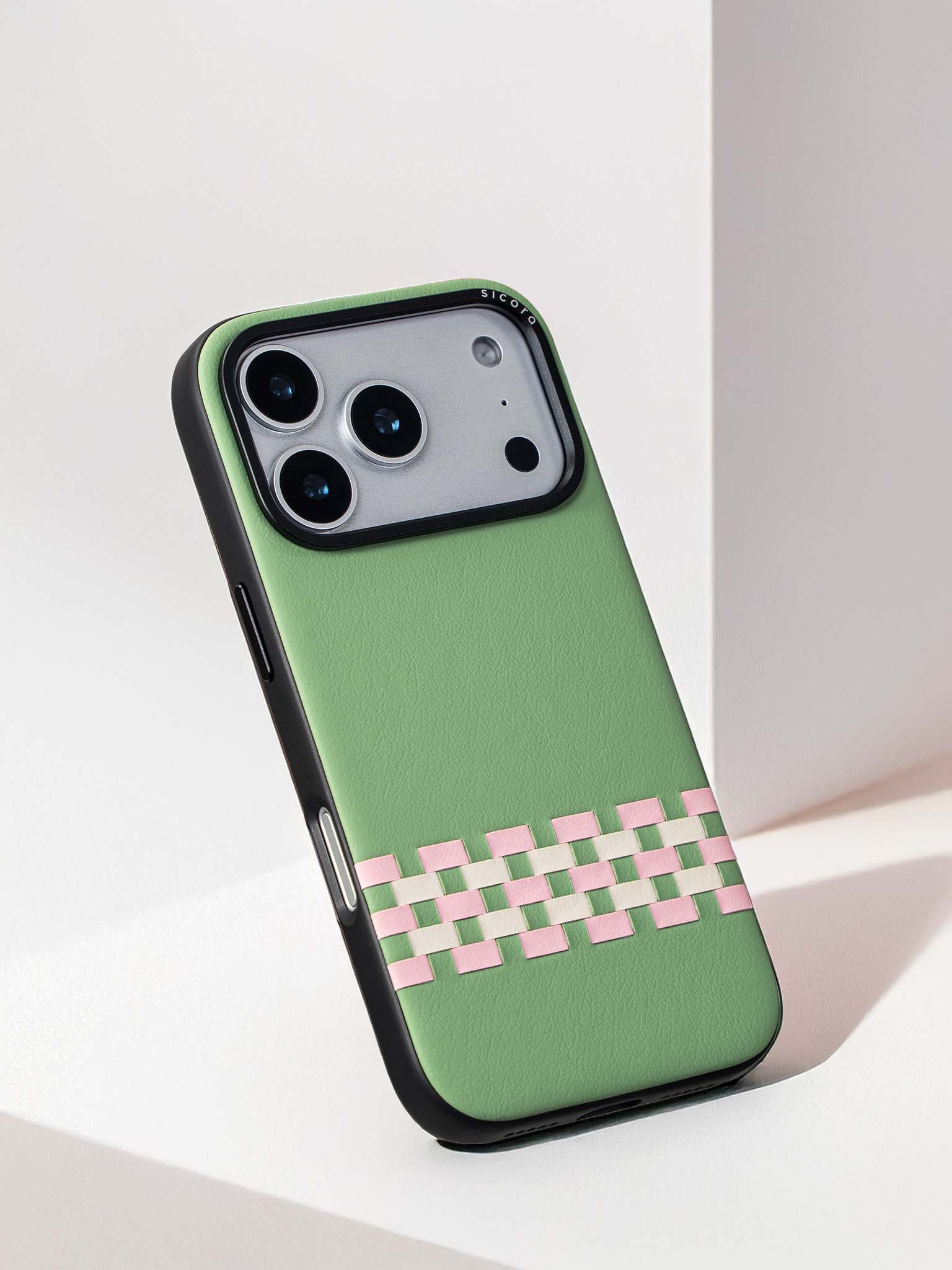Sicora stitchon phone case with avocado green, pink and cream white geometric pattern