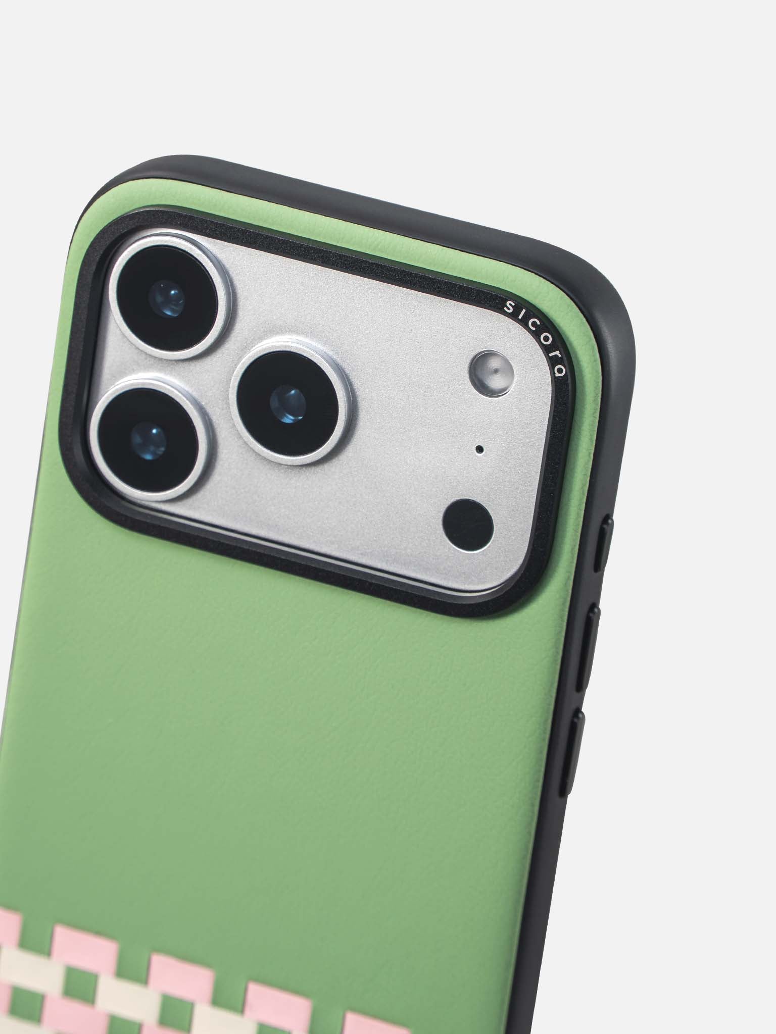 Sicora stitchon phone case with avocado green, pink and cream white geometric pattern