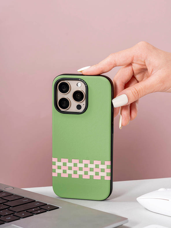Fingers touching a sicora green pink white stitchon phone case