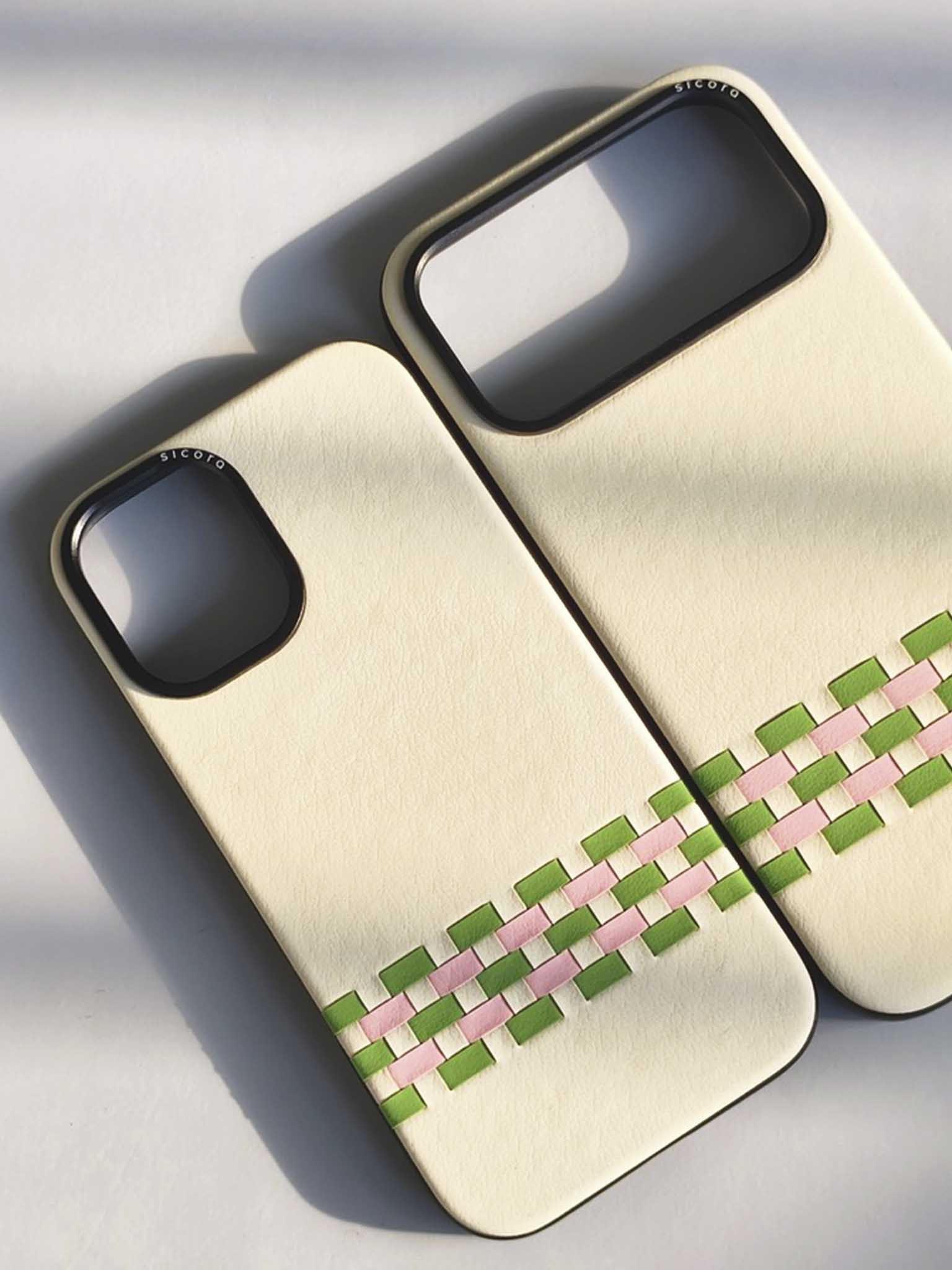 sicora stitchon phone case with woven pattern on a light background