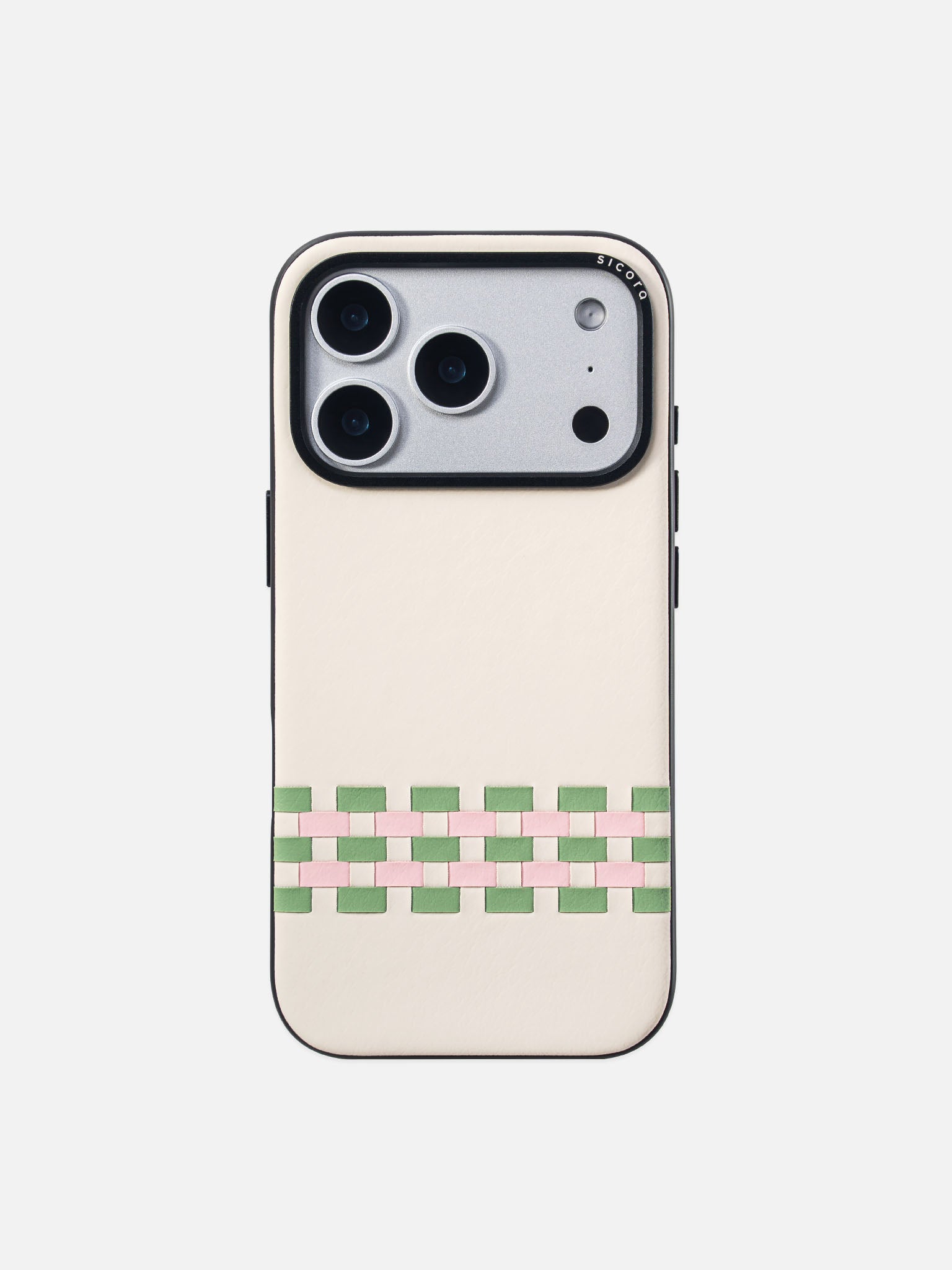 Sicora stitchon phone case with cream white, avocado green and pink geometric pattern