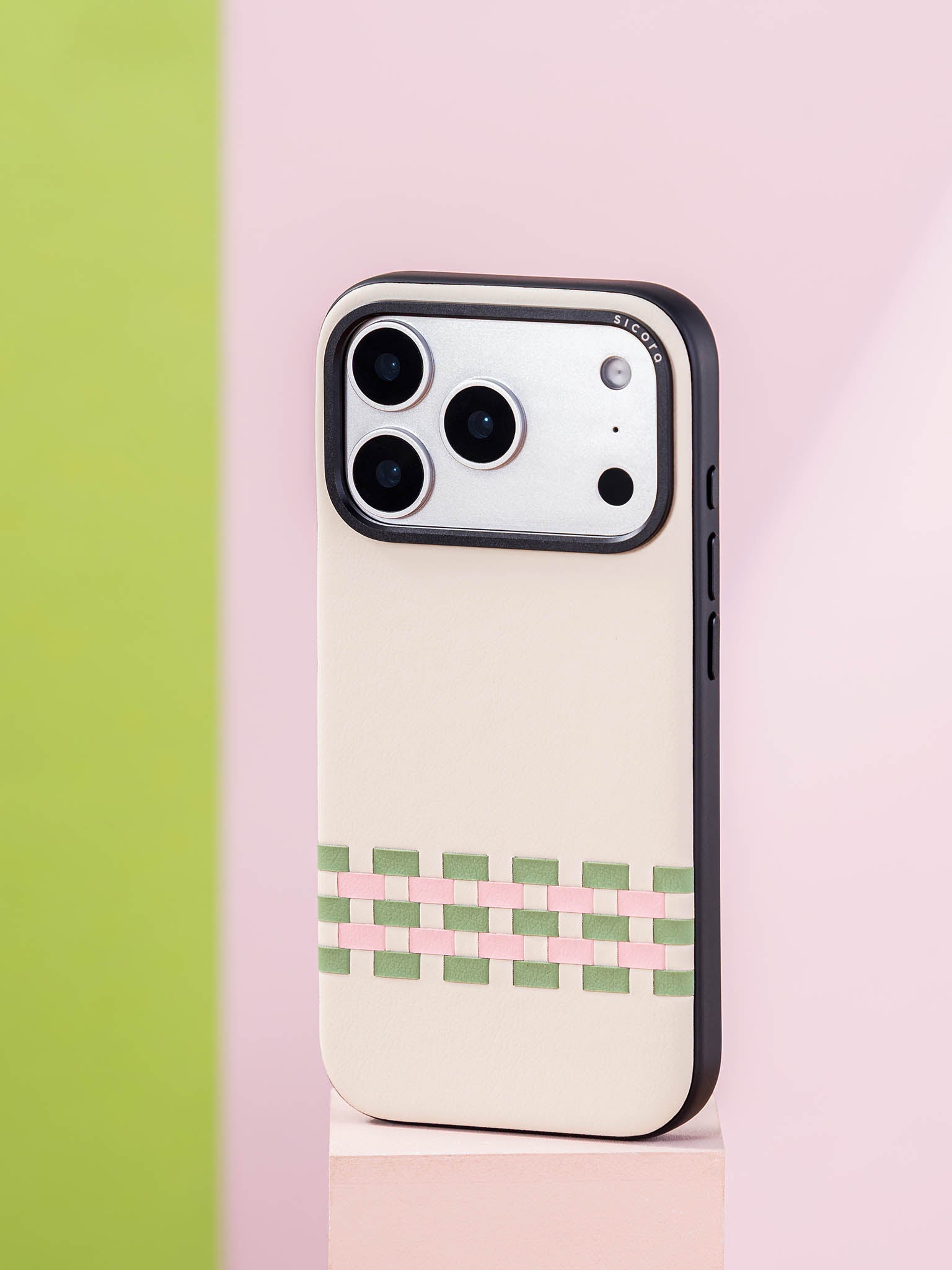 Sicora stitchon phone case with cream white, avocado green and pink geometric pattern
