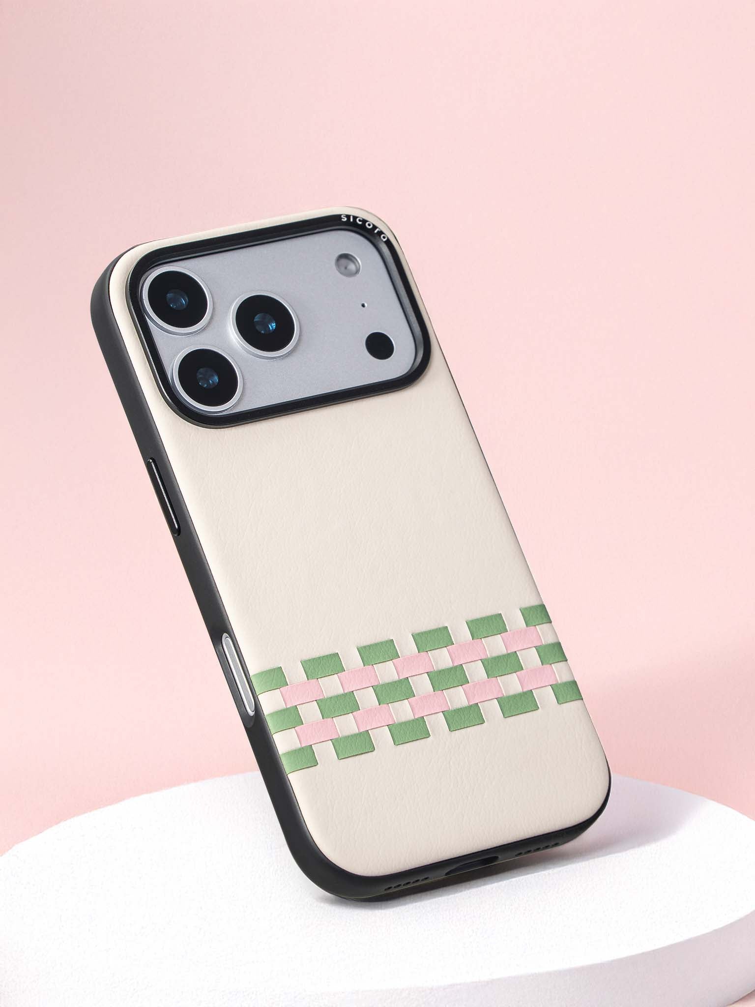 Sicora stitchon phone case with cream white, avocado green and pink geometric pattern