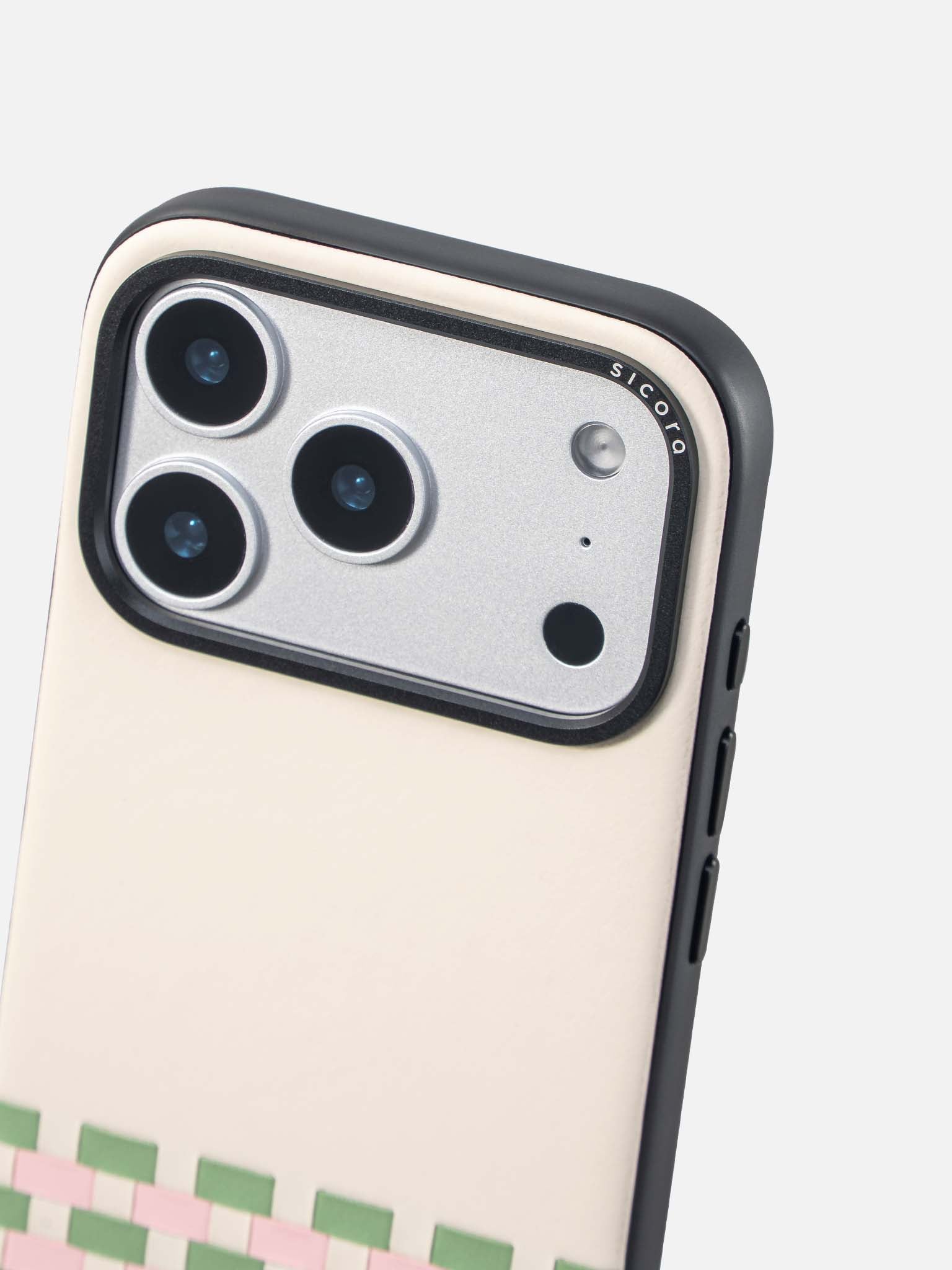 Sicora stitchon phone case with cream white, avocado green and pink geometric pattern