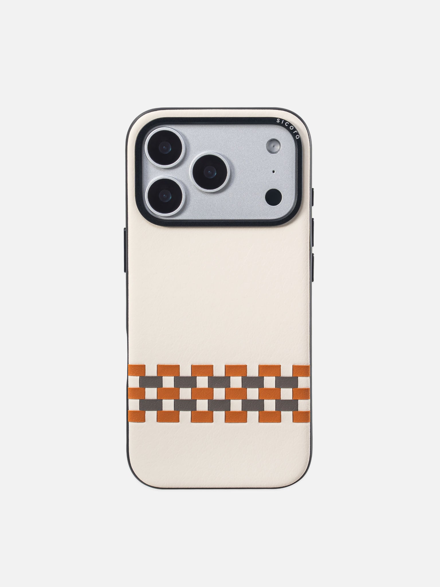 Sicora stitchon phone case with cream white, toffee gold and granite gray geometric pattern