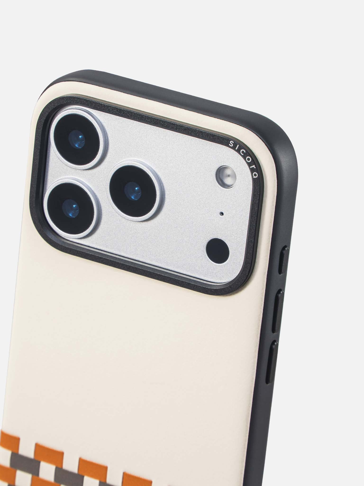 Sicora stitchon phone case with cream white, toffee gold and granite gray geometric pattern