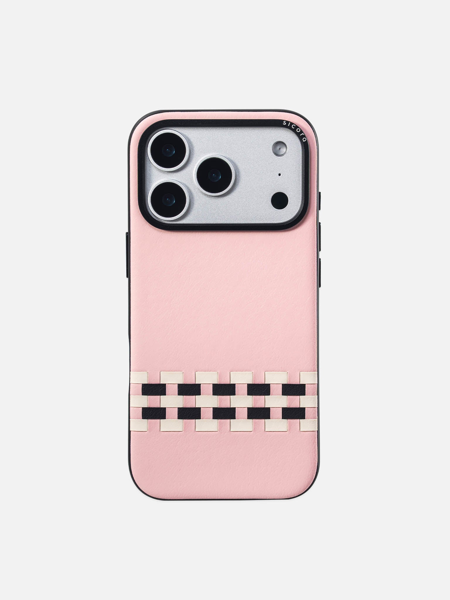 Sicora stitchon phone case with pink, cream white and black geometric pattern