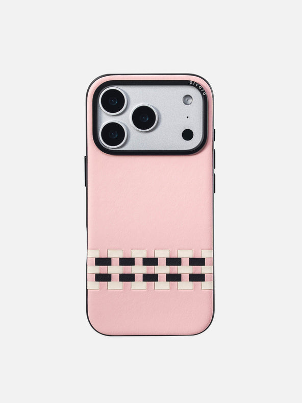 Sicora stitchon phone case with pink, cream white and black geometric pattern