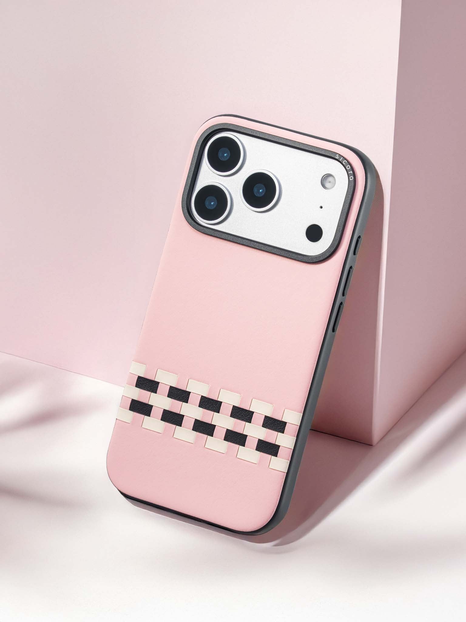 Sicora stitchon phone case with pink, cream white and black geometric pattern