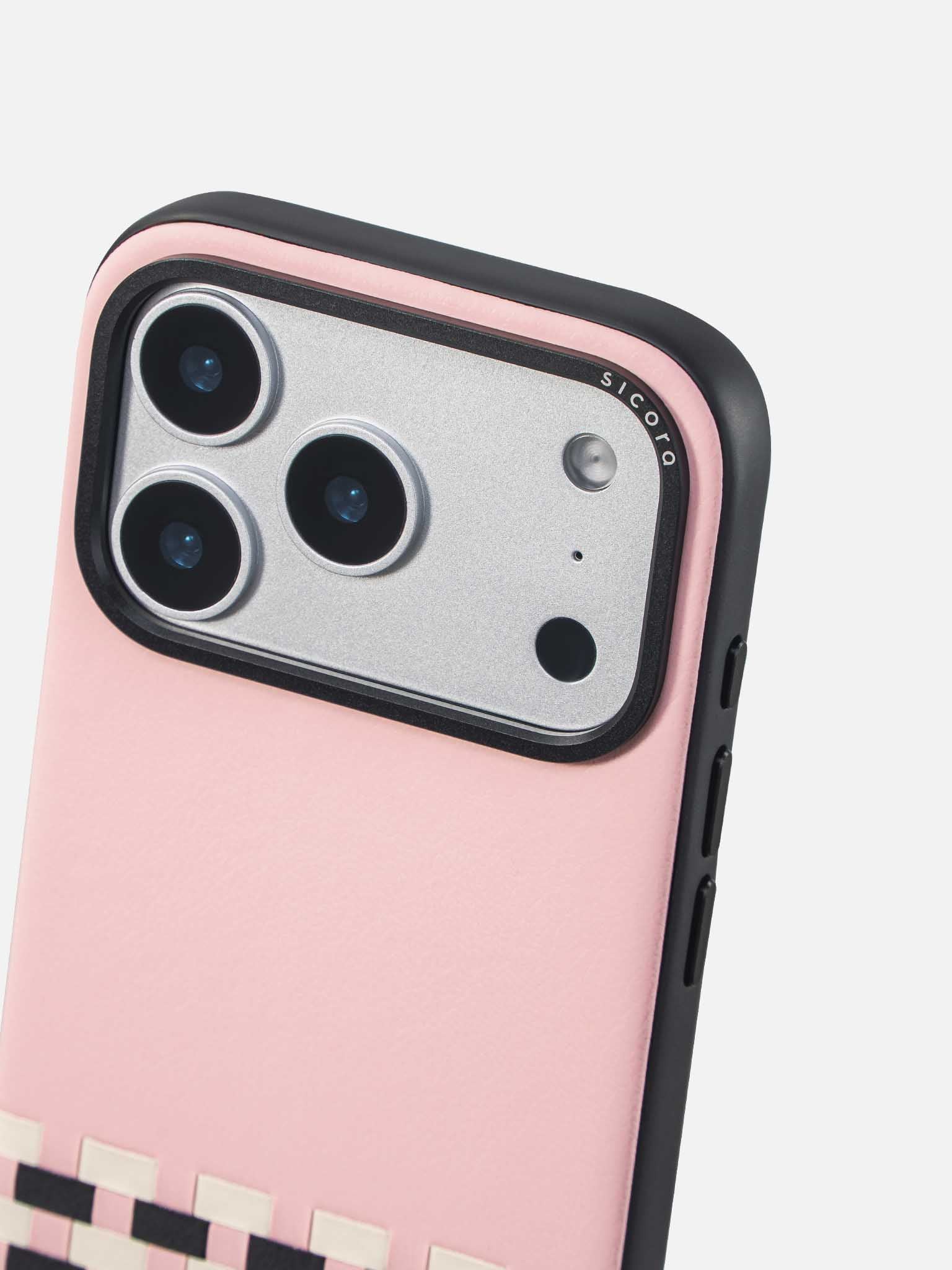 Sicora stitchon phone case with pink, cream white and black geometric pattern