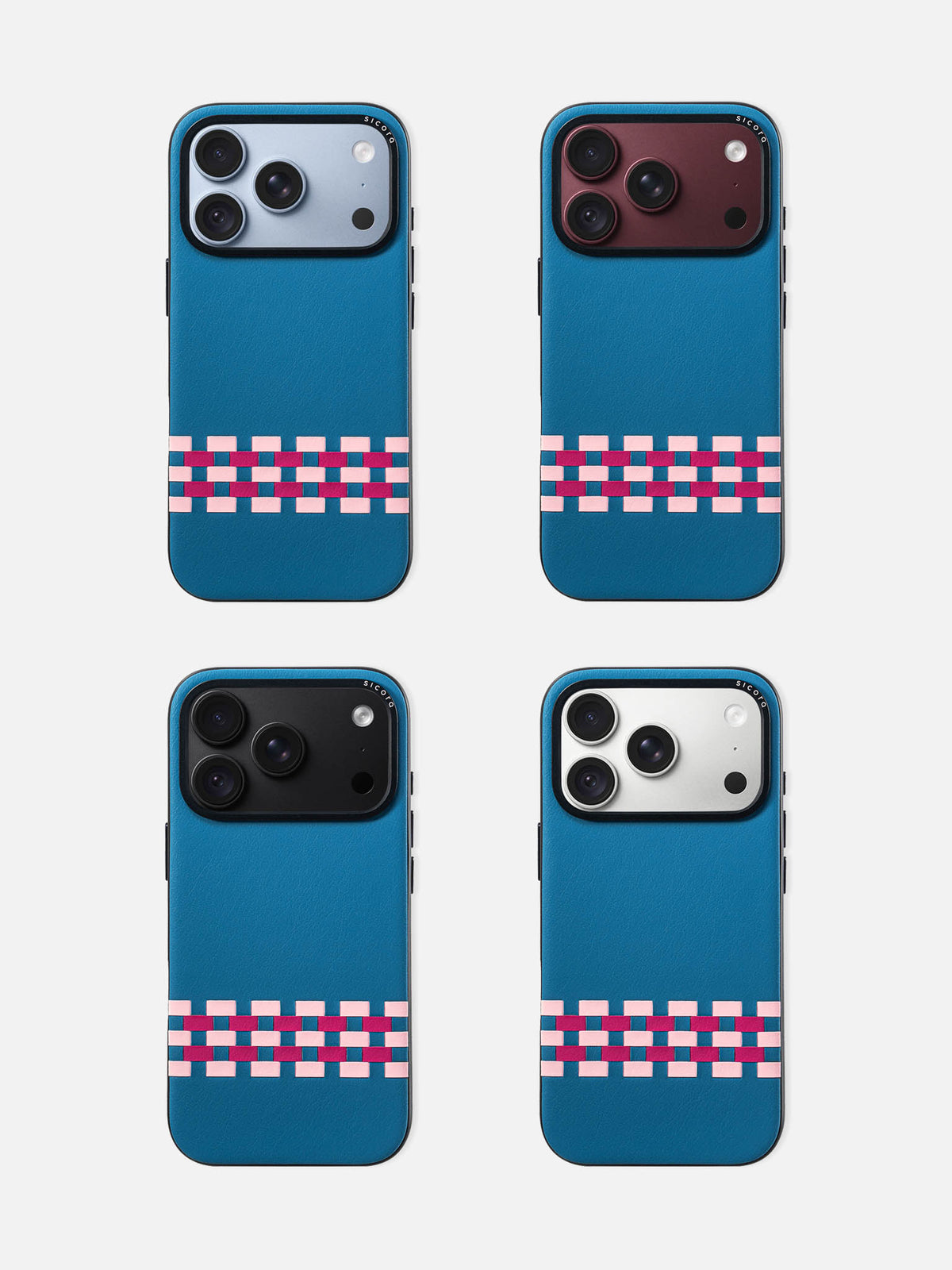 sicora iPhone 18 pro leather case, stitchon case, paired with blue, burgundy, black and silver color iPhone 18 pro
