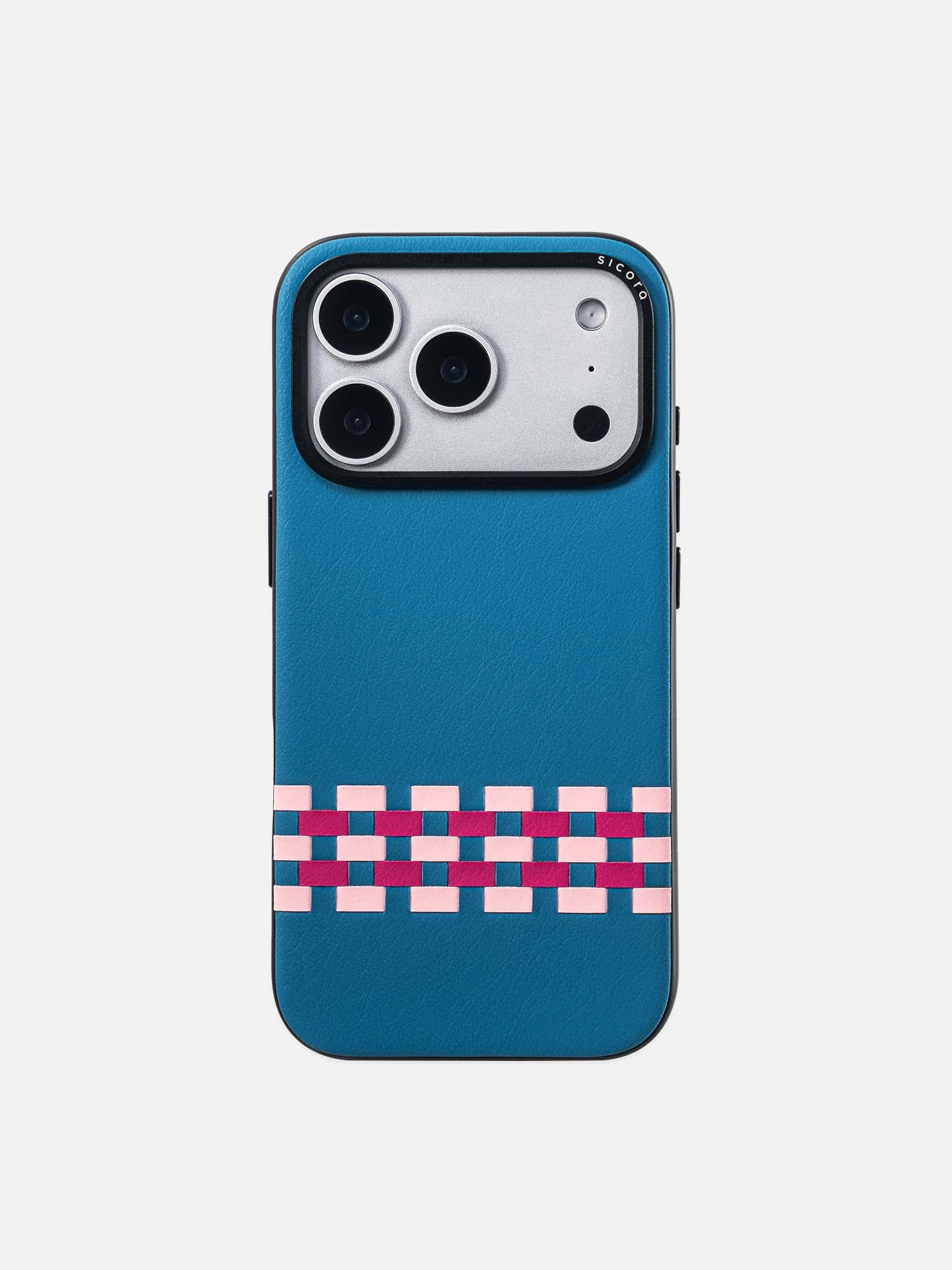 Sicora stitchon phone case with sea blue, pink and magenta geometric pattern
