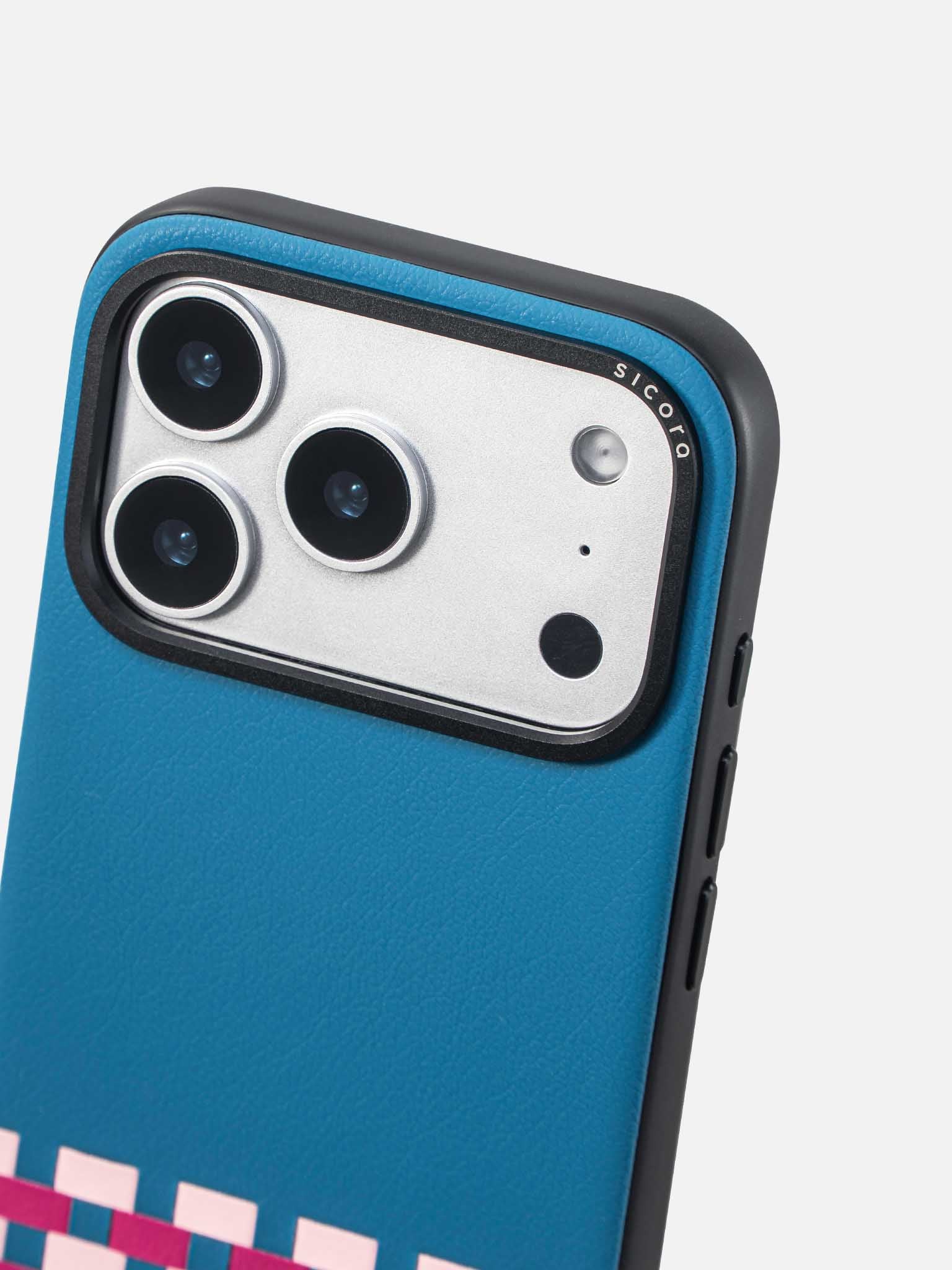 Sicora stitchon phone case with sea blue, pink and magenta geometric pattern