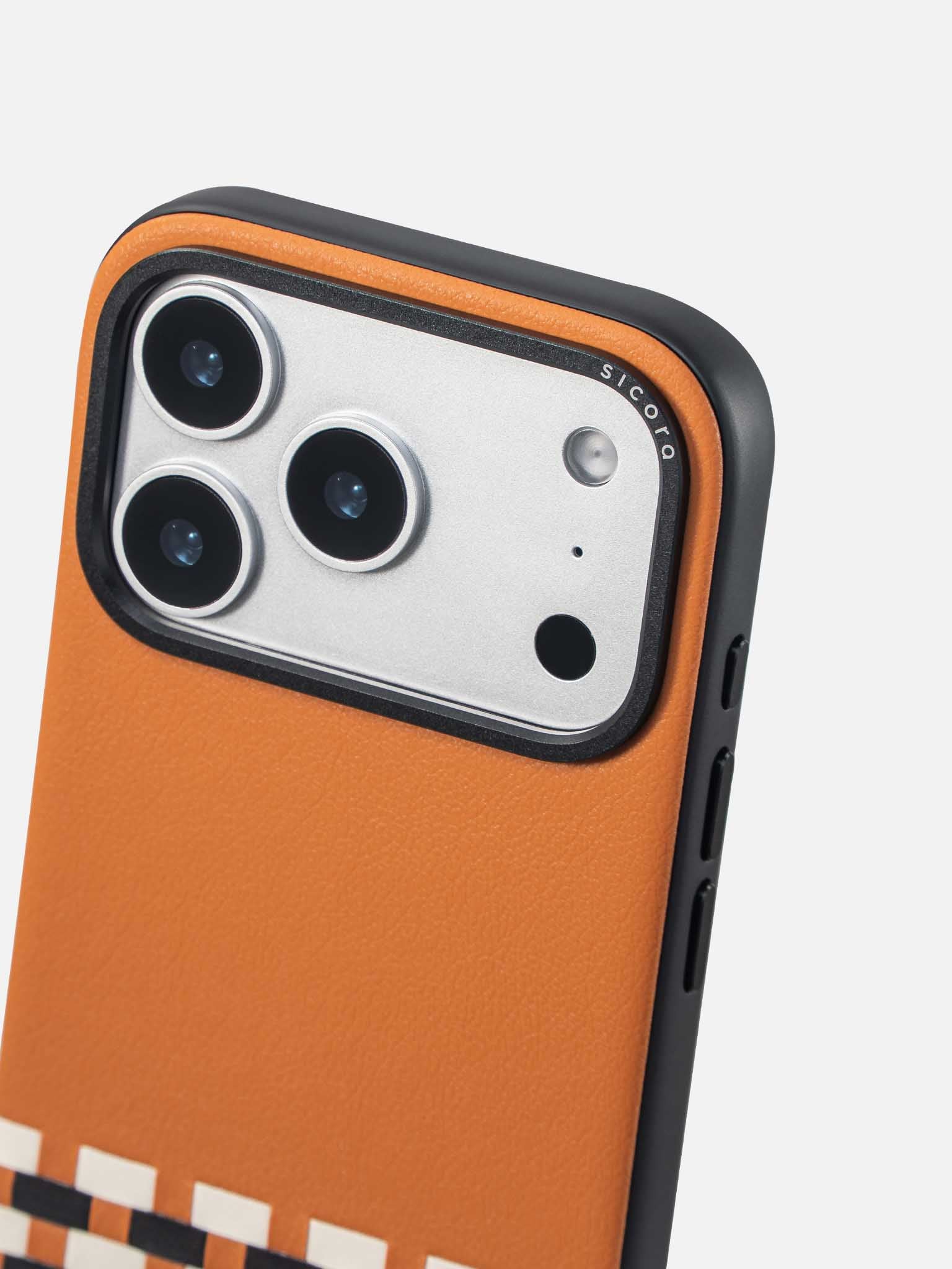 Sicora stitchon phone case with toffee gold, cream white and black geometric pattern