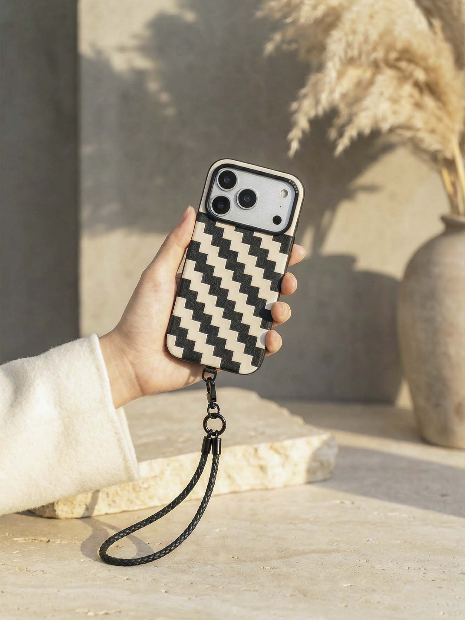 sicora wristlet braided leather lanyard in black