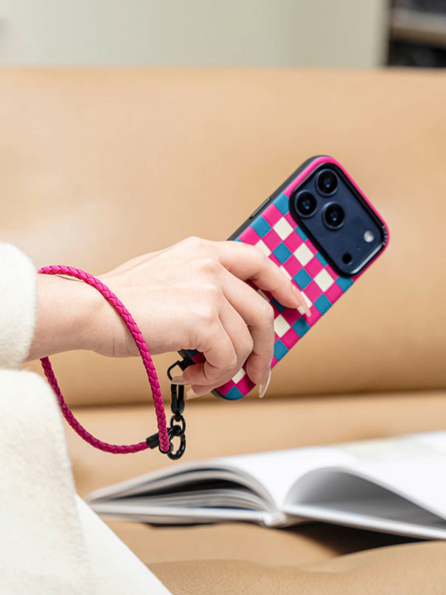 sicora wristlet braided leather lanyard in magenta