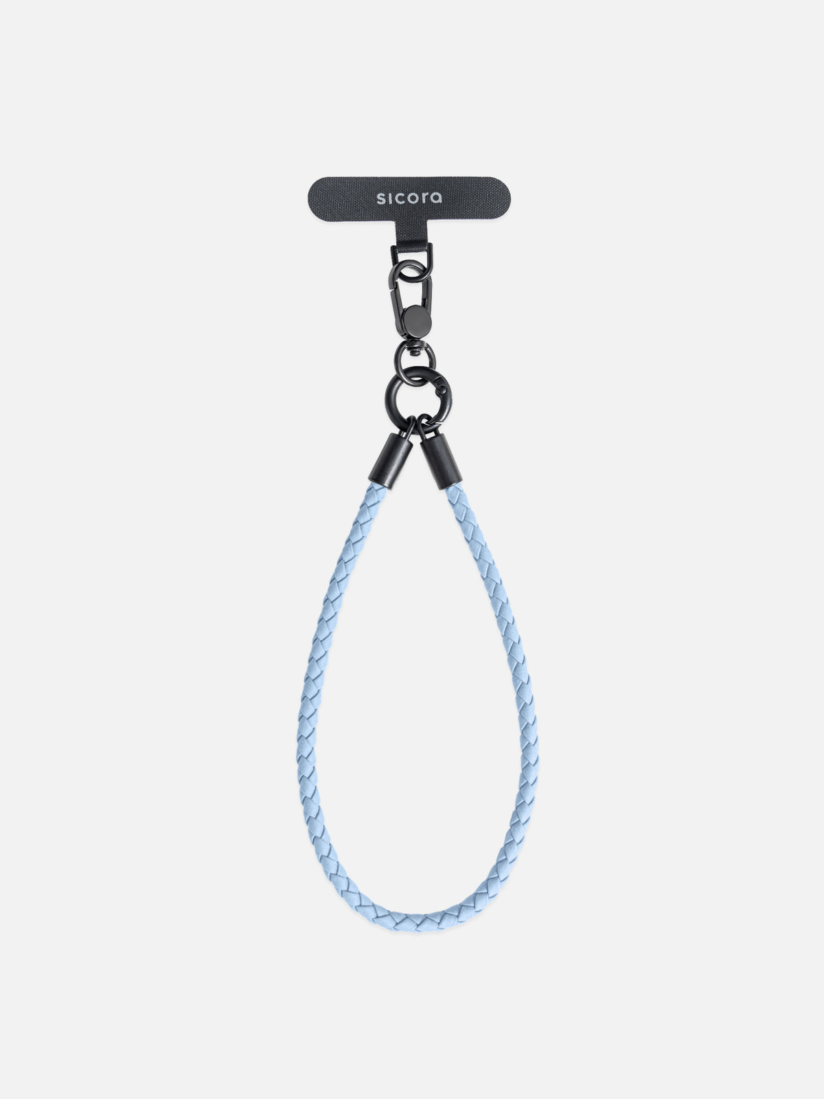 sicora light blue braided leather cord / short wristlet phone lanyard with a black metal swivel clasp and a T-bar phone tether tab.