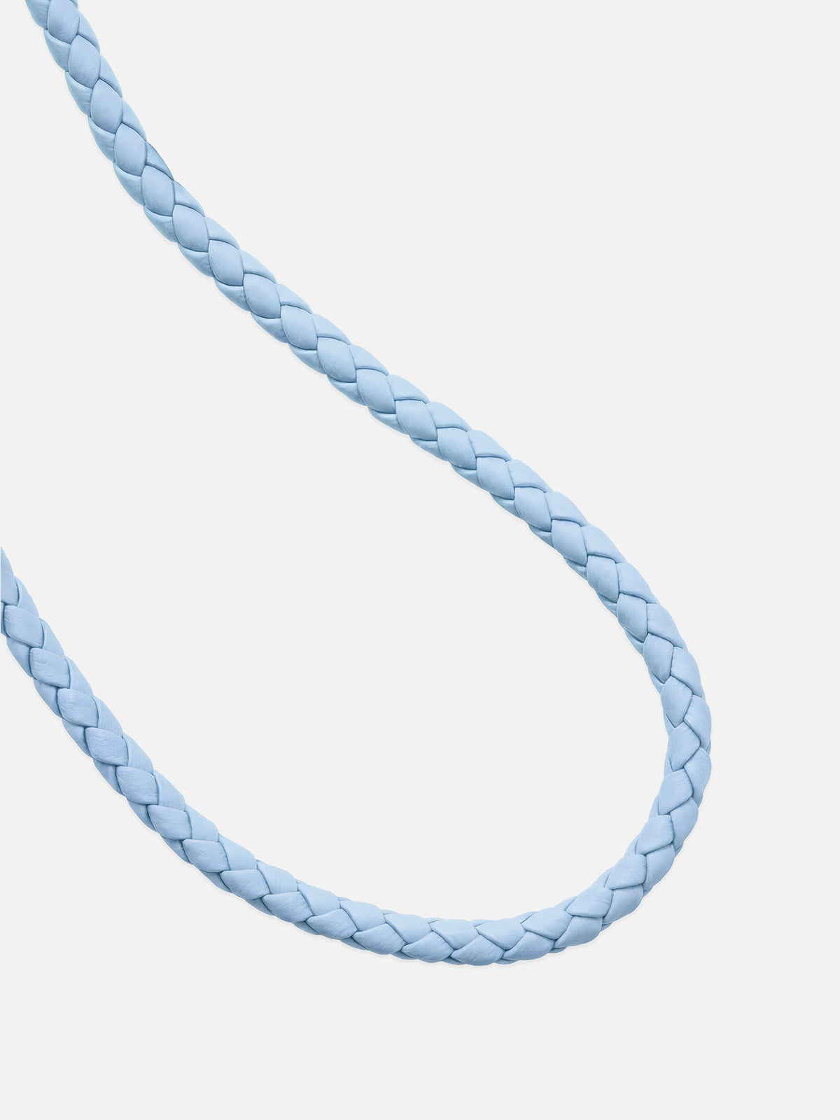 Close-up of a sicora light blue braided leather cord / short wristlet phone lanyard.